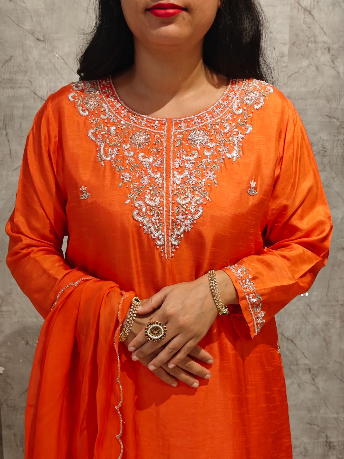 Orange Dola Silk Hand Embroidery Straight Fit Kurtha