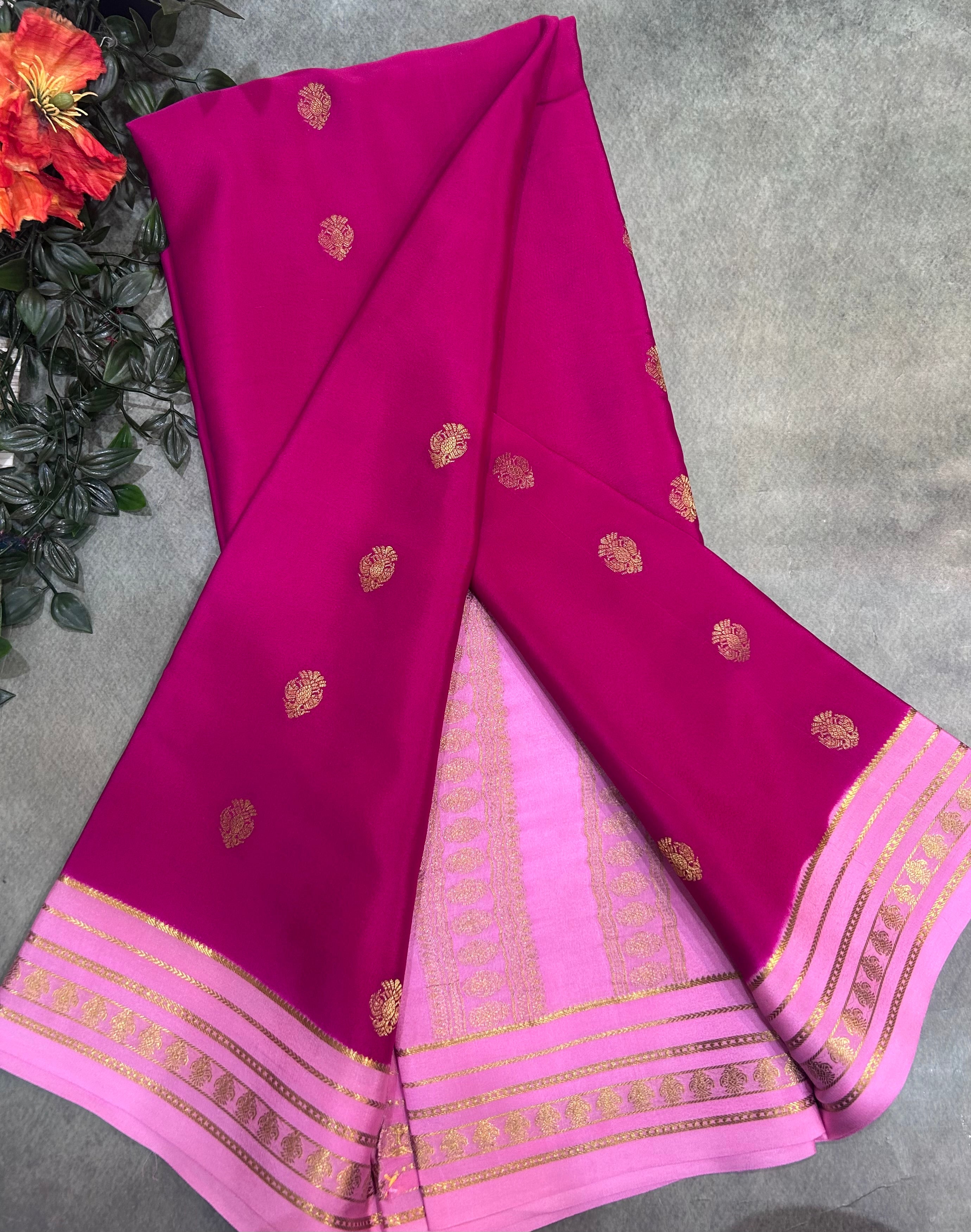 Rani pink stripes border pure Mysore silk 106 saree