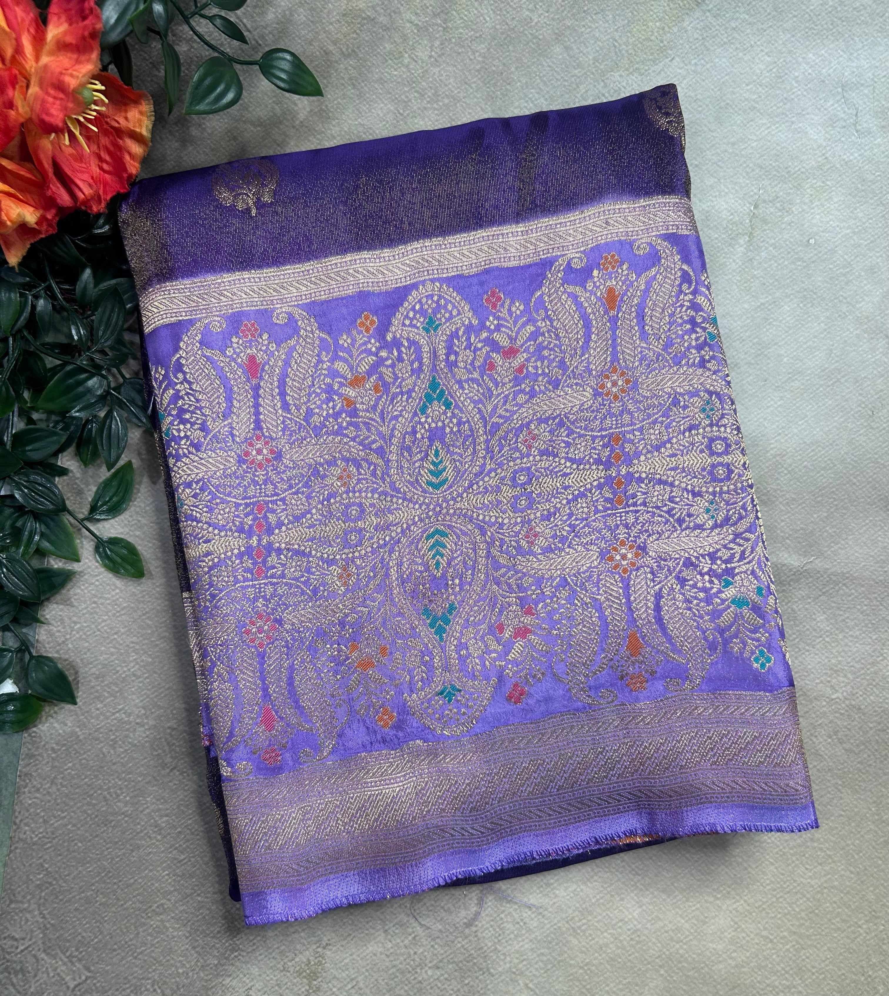 Purple contrast long border soft semi tissue crepe 106 saree