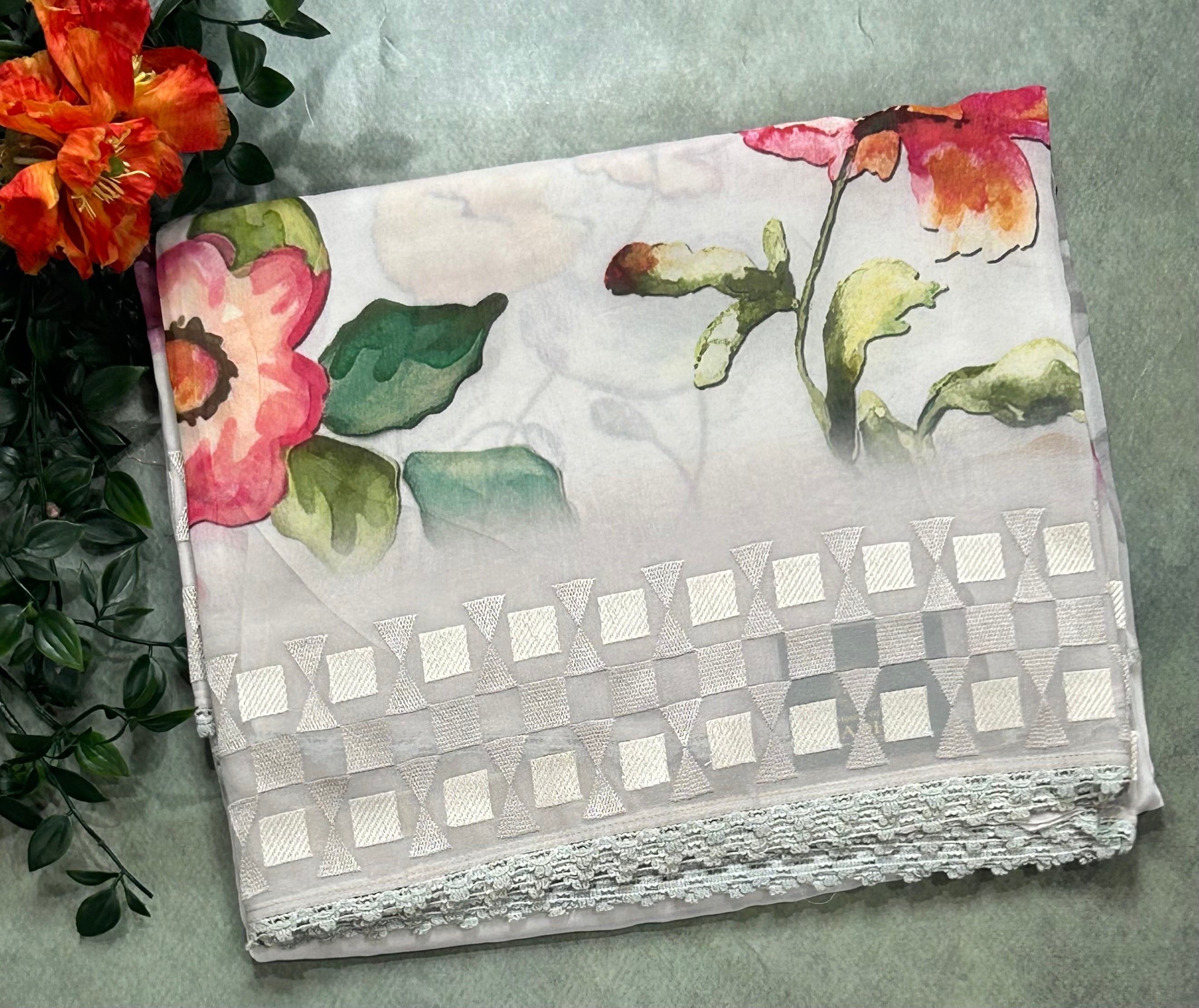 Cream digital printed border 104 chinnon saree