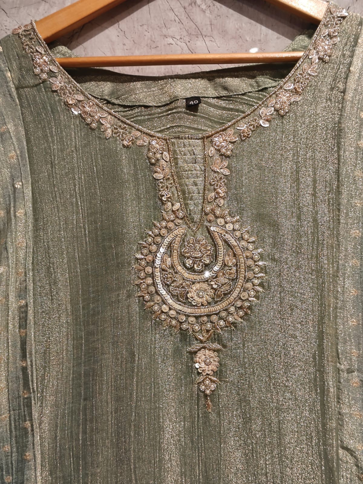 Green Banarasi Crush Tissue Silk A line Kurtha  527
