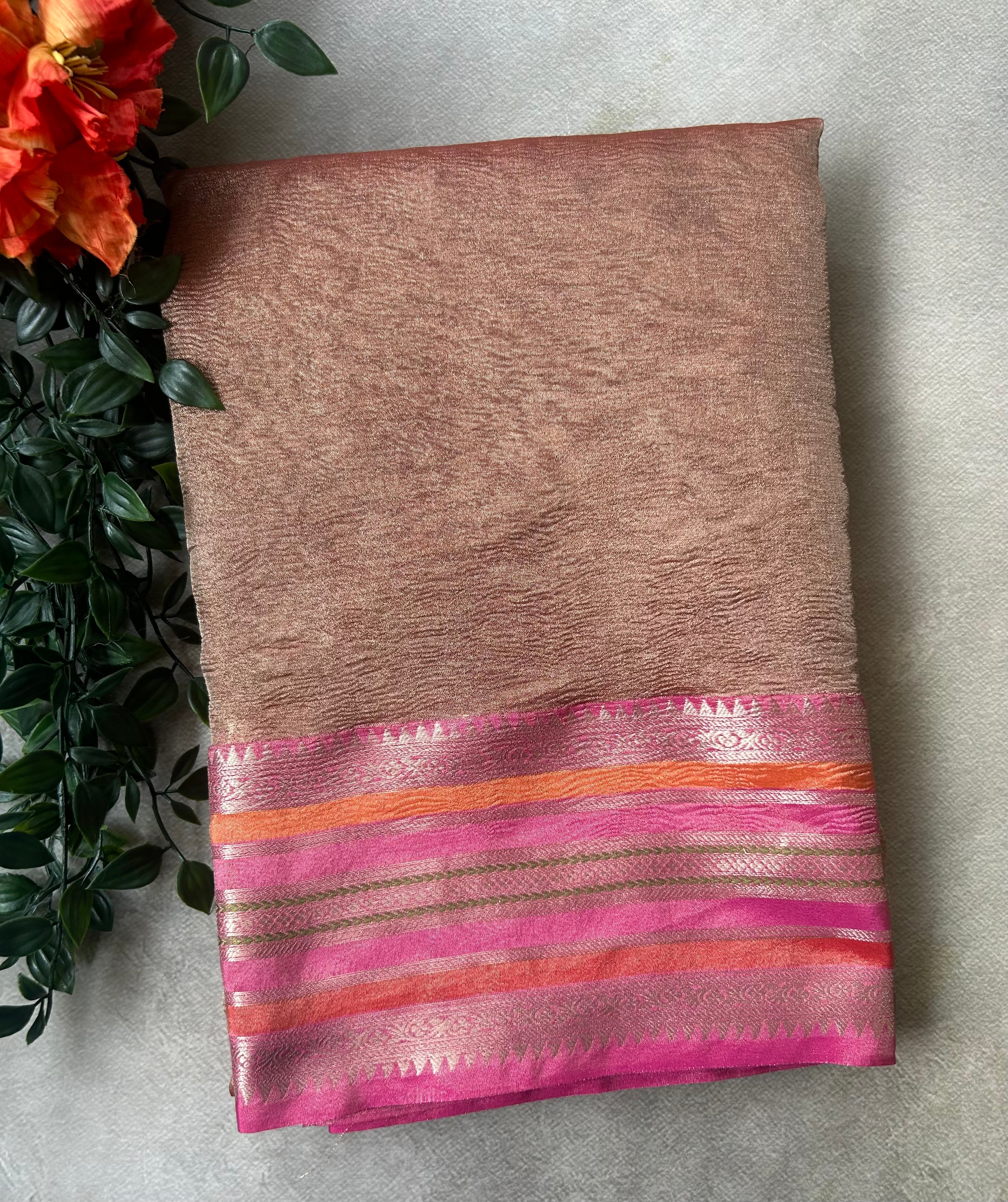 Copper contrast border semi tissue saree