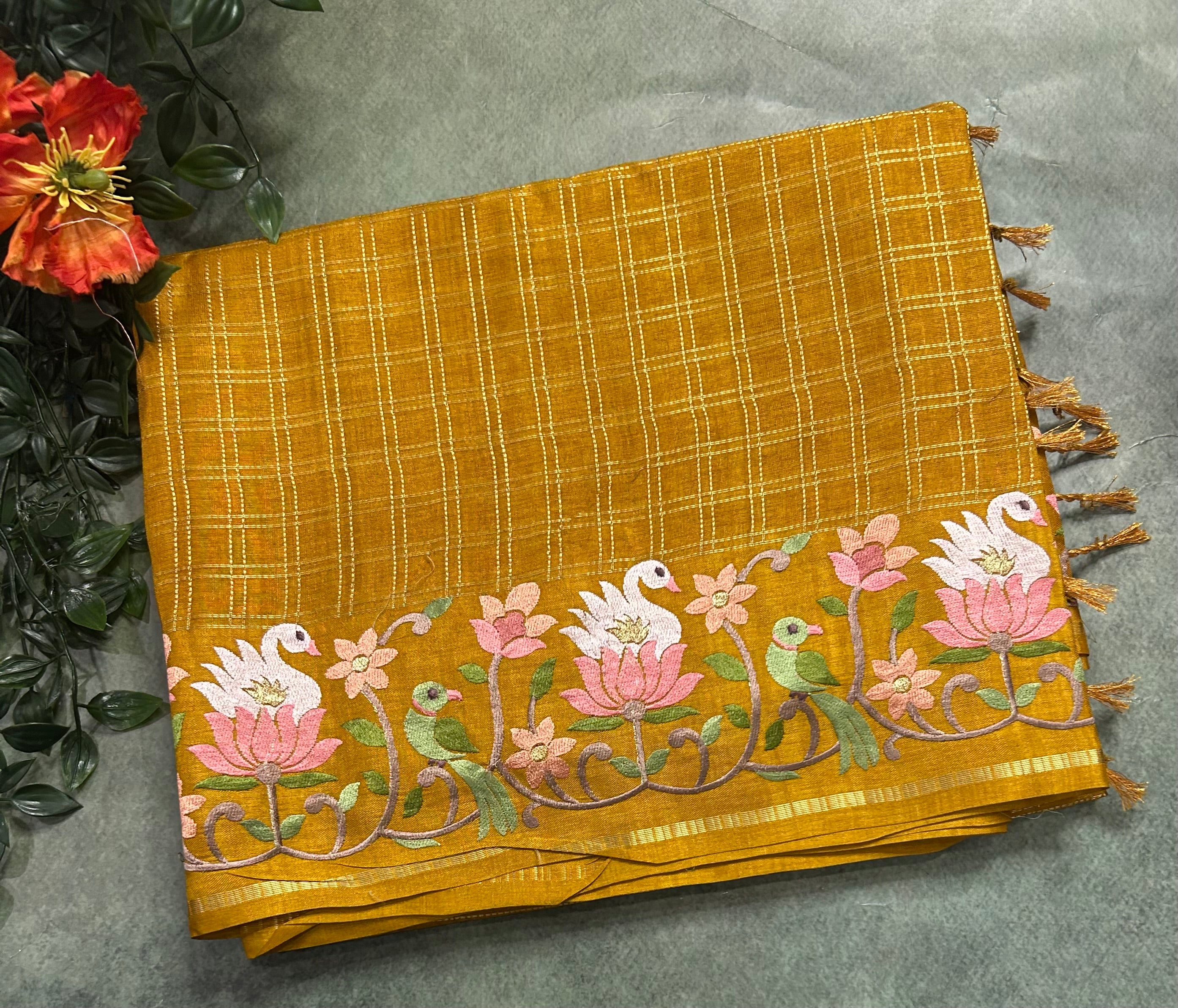 Mustard yellow checks embroidery border semi Tussar 105 saree