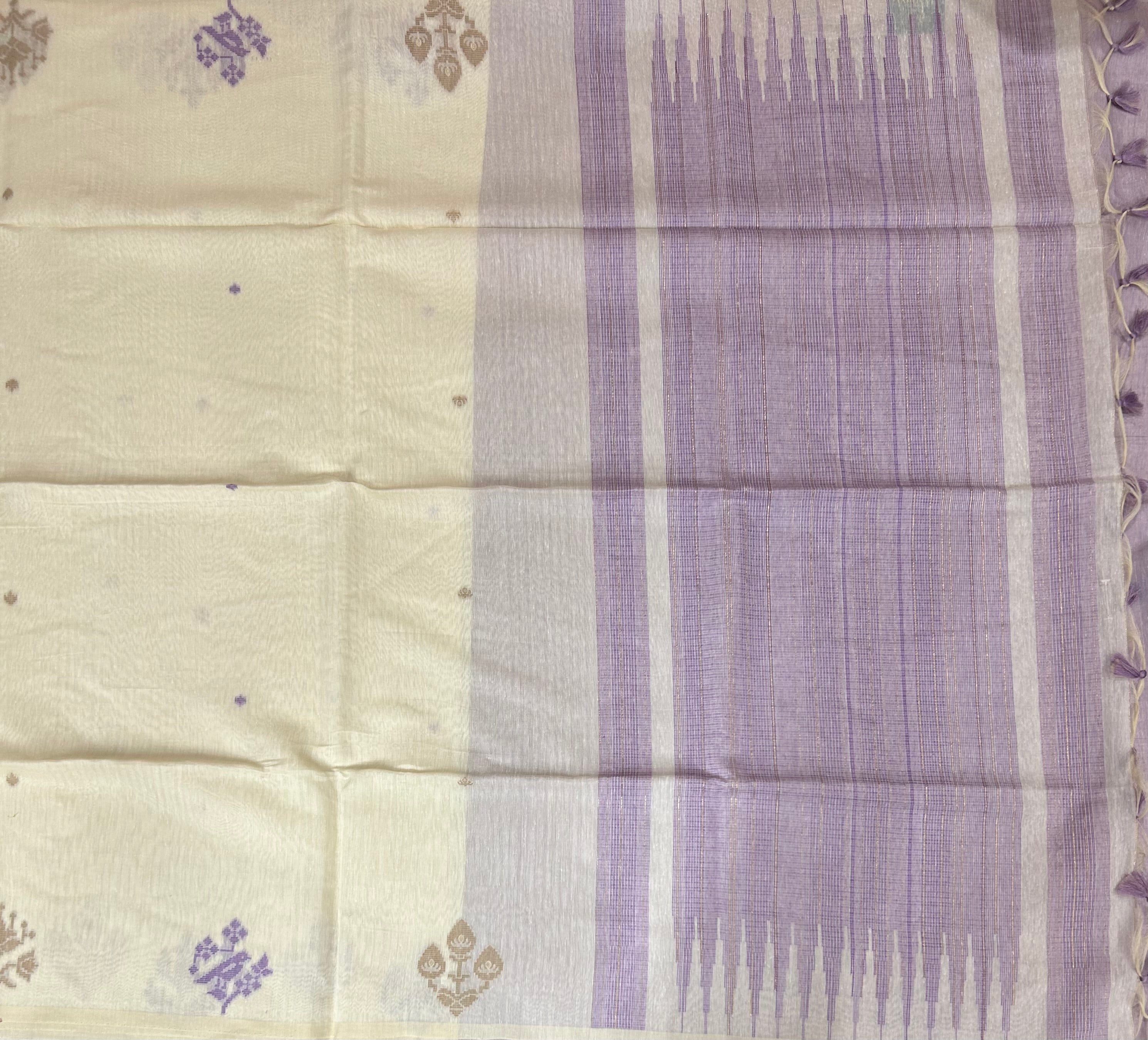 Cream n lilac pure linen saree