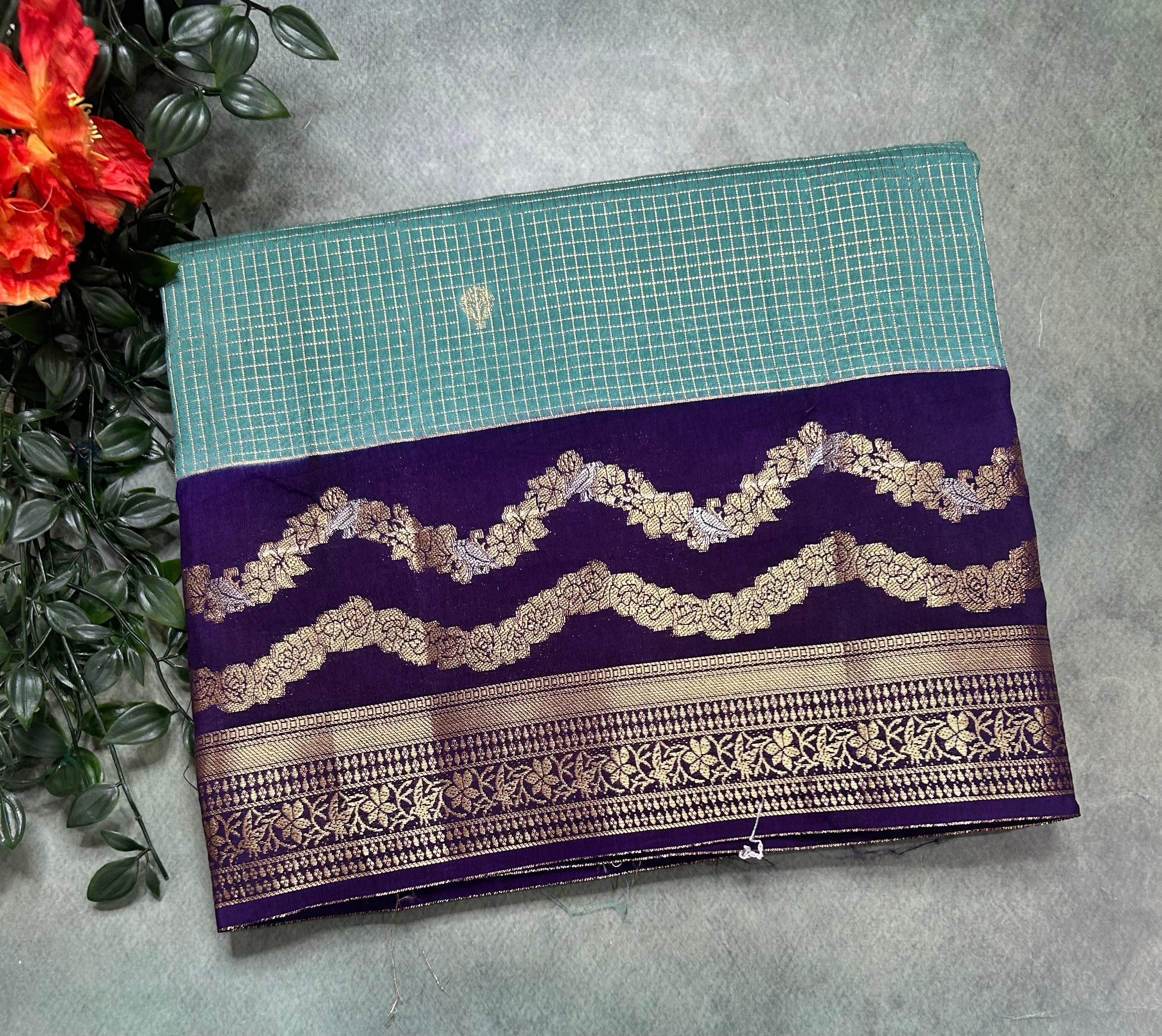 Sea green small checks semi Mysore 105 saree