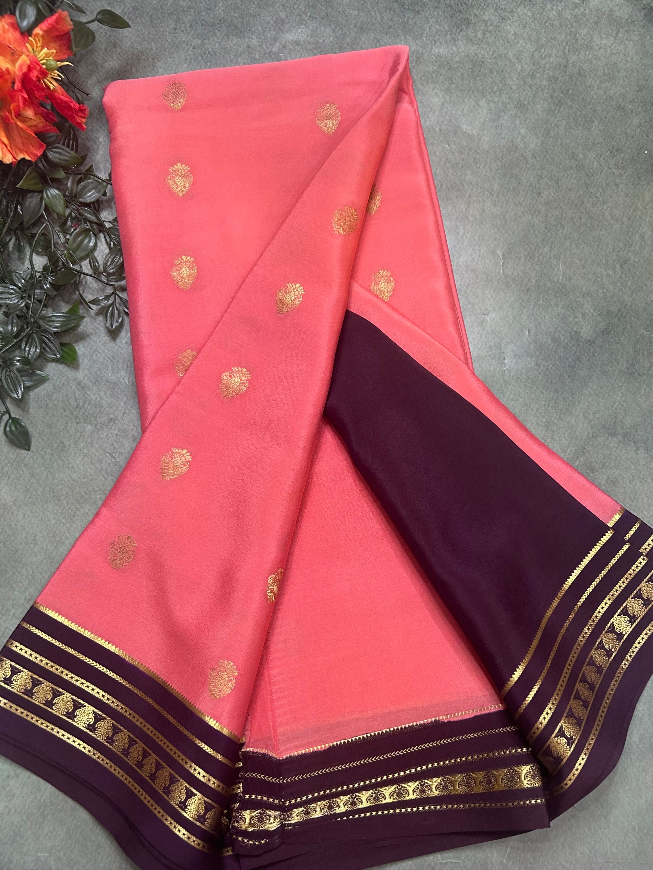 Peach stripes border pure Mysore silk 106 saree