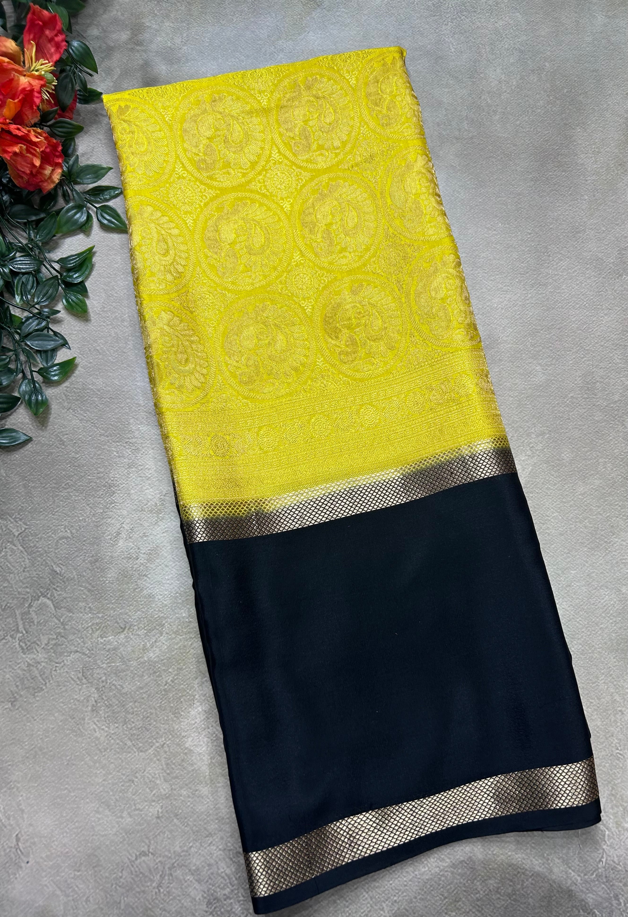 Yellow brocade n bentex border pure mysore silk saree(YMS106)