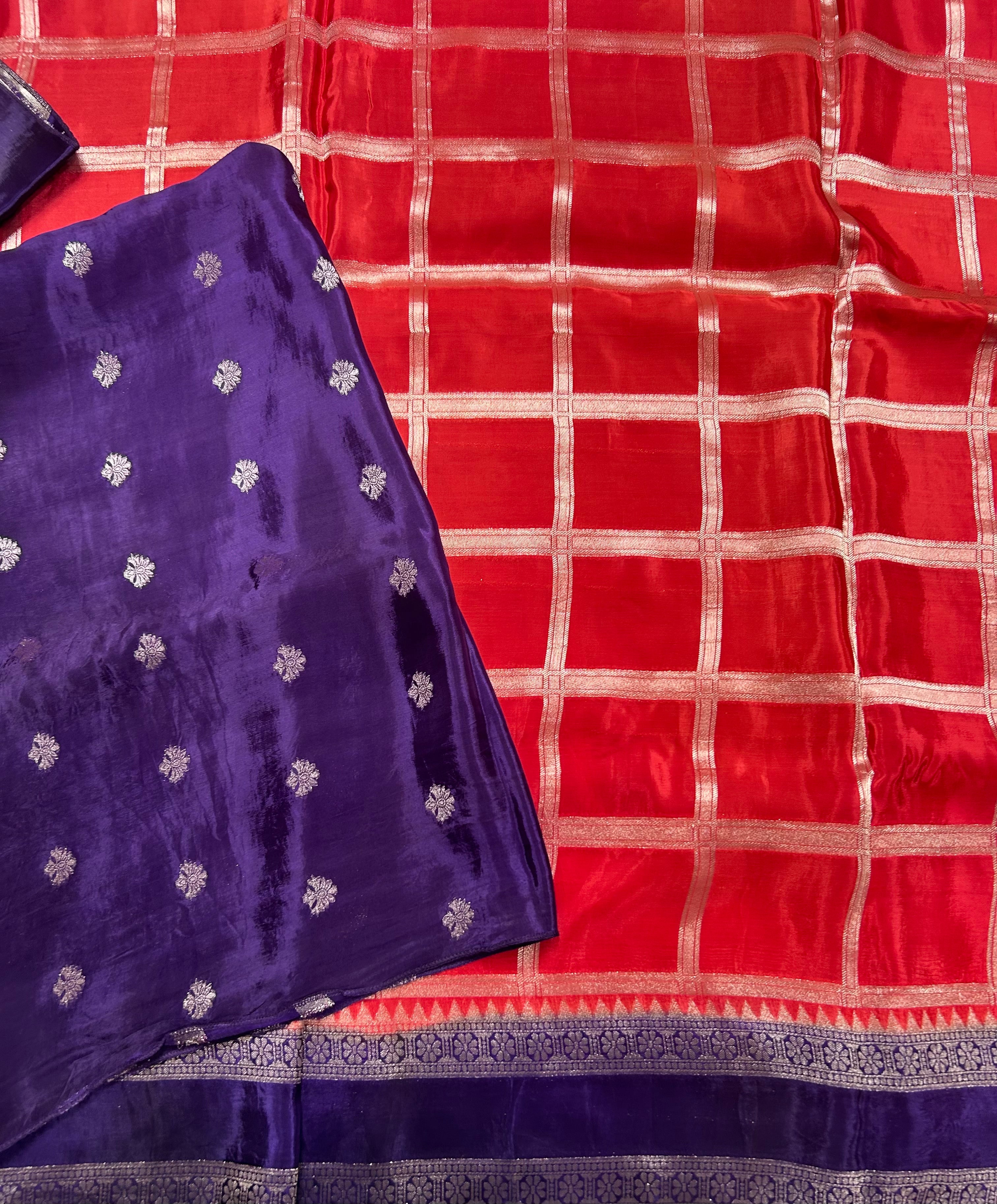 Orange checks n bentex border semi crepe 106 saree m
