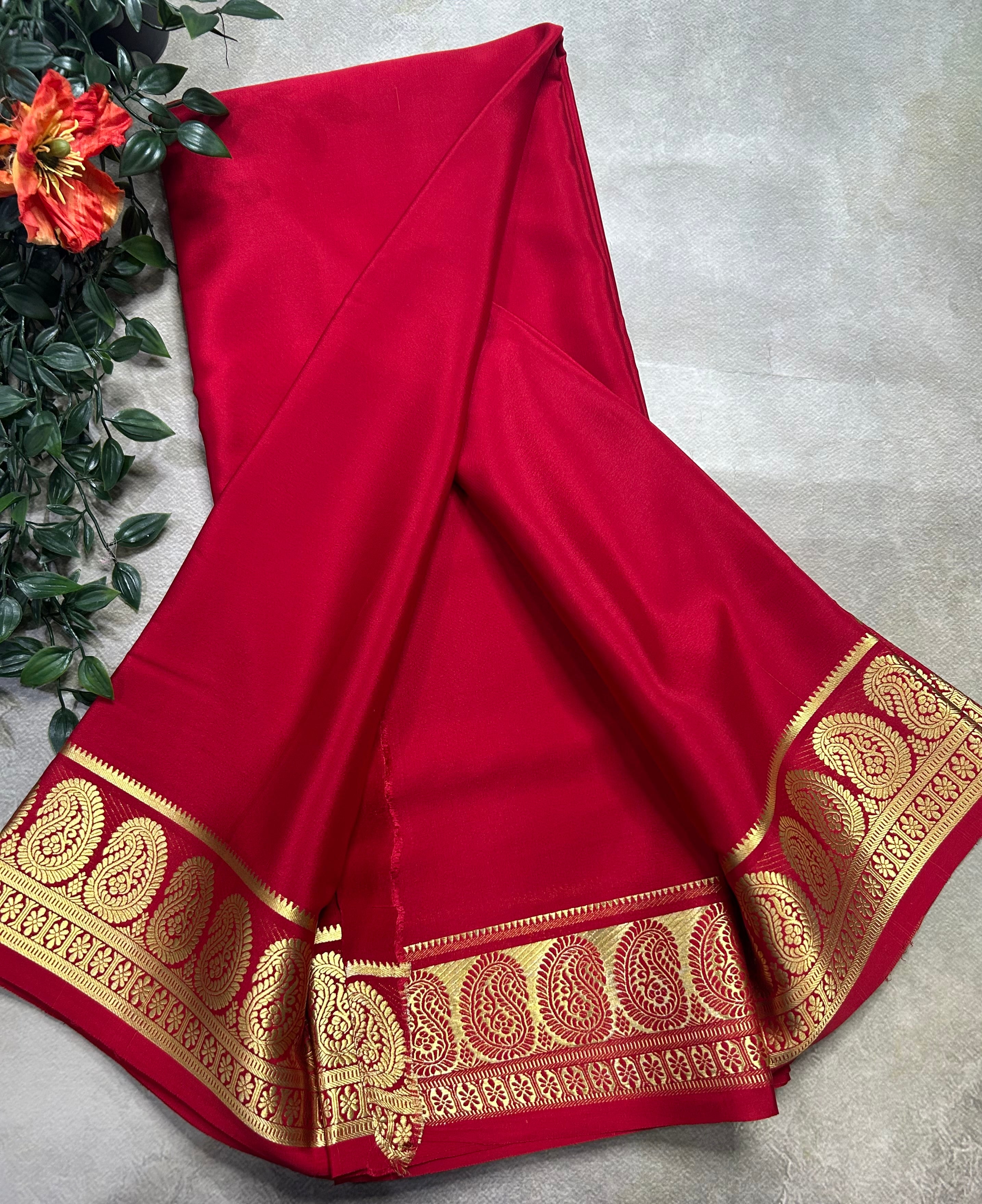 Red plain mango border pure Mysore silk 105 saree