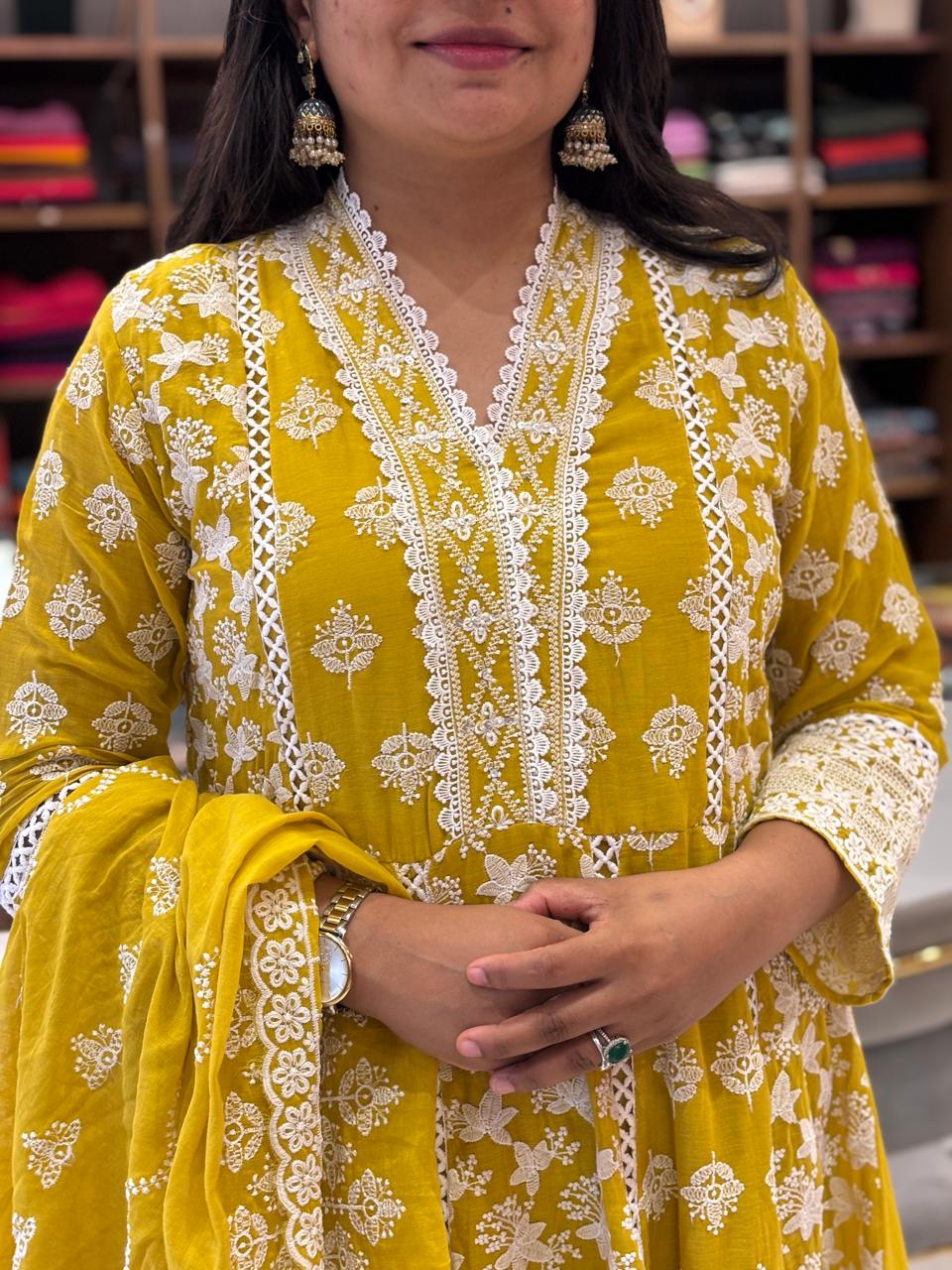 Yellow Cotton designer Hakoba chicken curry work Anarkali Kurtha 459