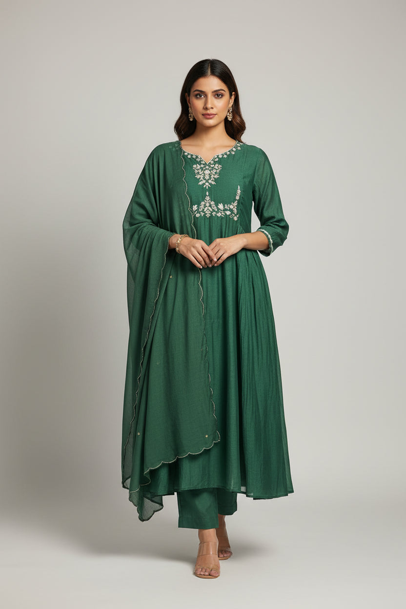 Bottle Green Mul Chanderi silk Kurtha 765 with Handwork Embroidery