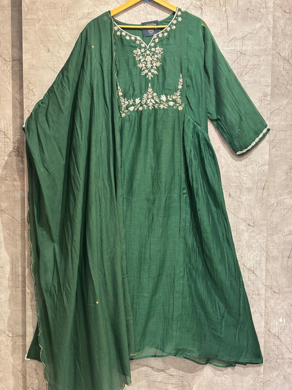 Bottle Green Mul Chanderi silk Kurtha 765 with Handwork Embroidery