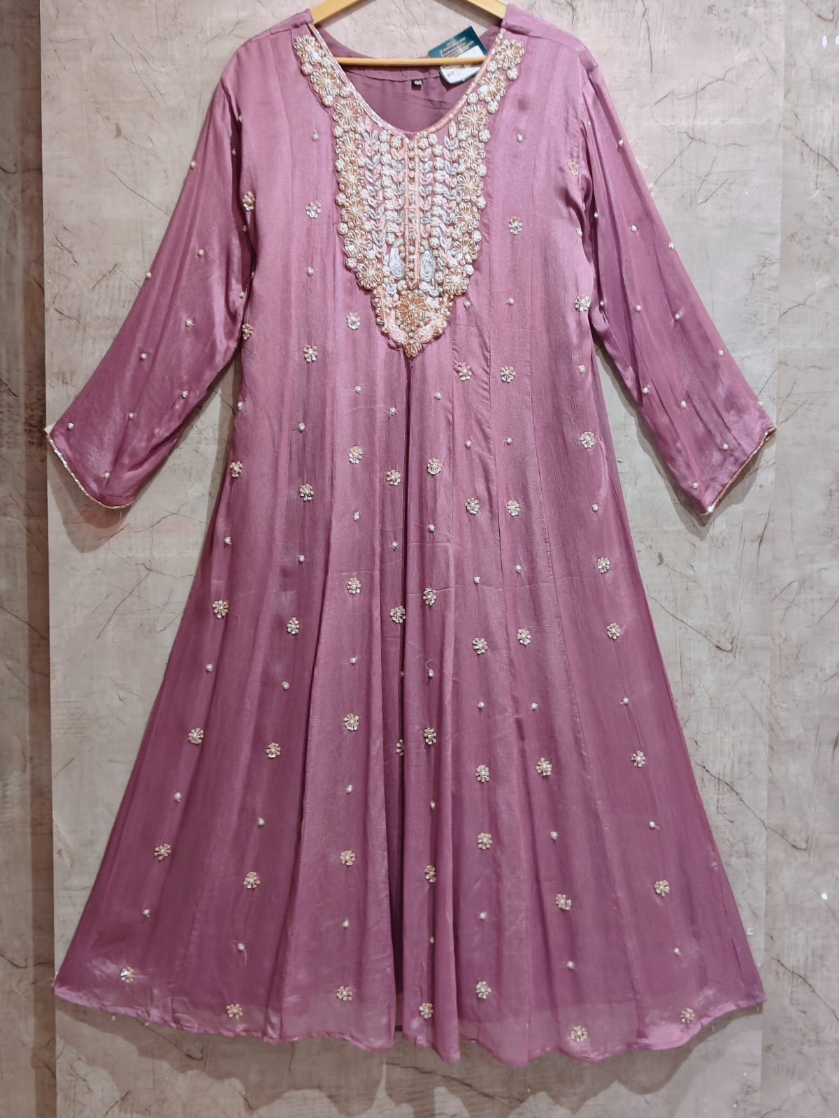 Purple Anarkali Chinnon Hand Embroidery Kurtha 567