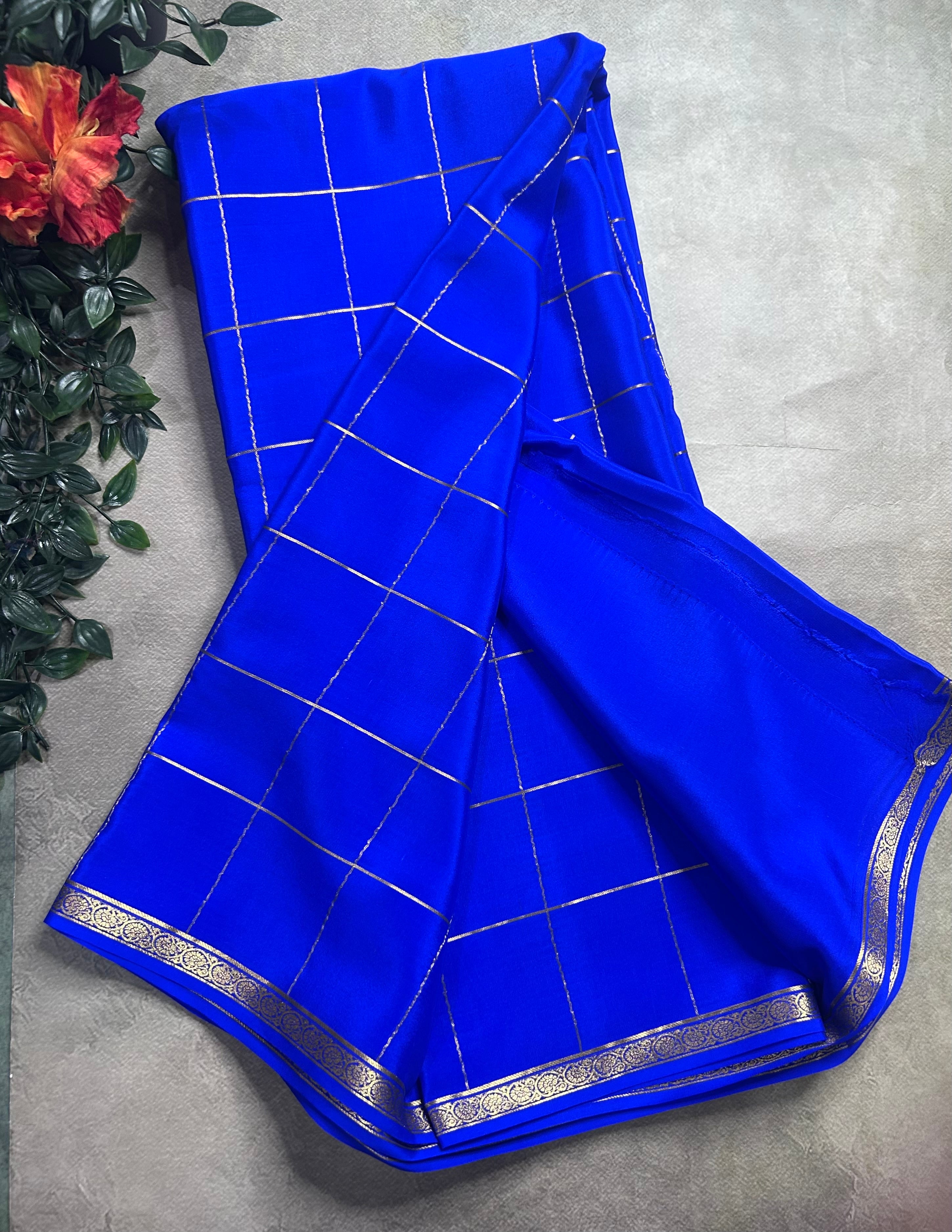 Royal blue big checks pure Mysore silk 106 saree
