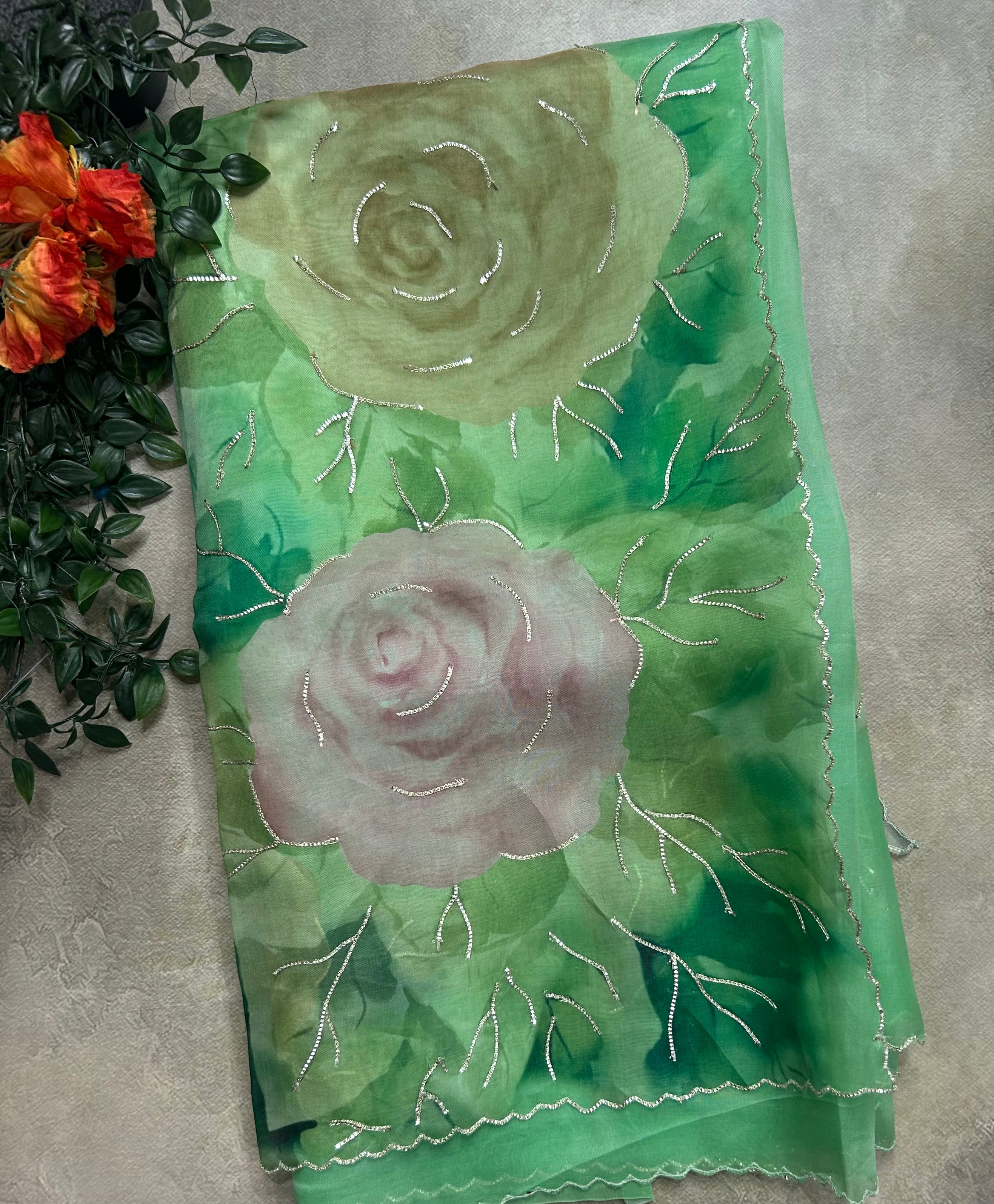 Aqua green pure 104 organza silk saree