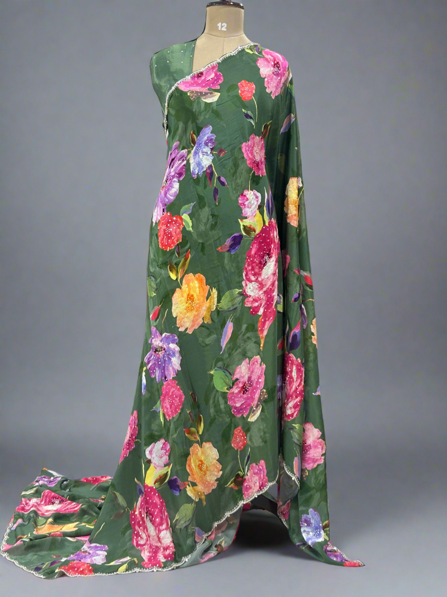 Dark green work scallop border printed pure crepe digital print party wear-09