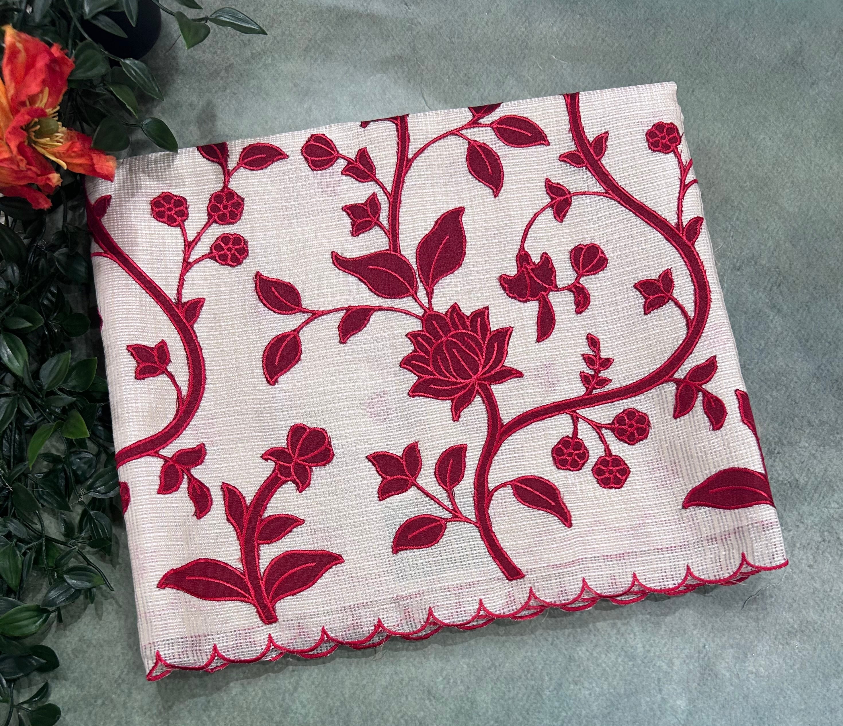 Cream scallop border red embroidery work Kota check 106 Saree
