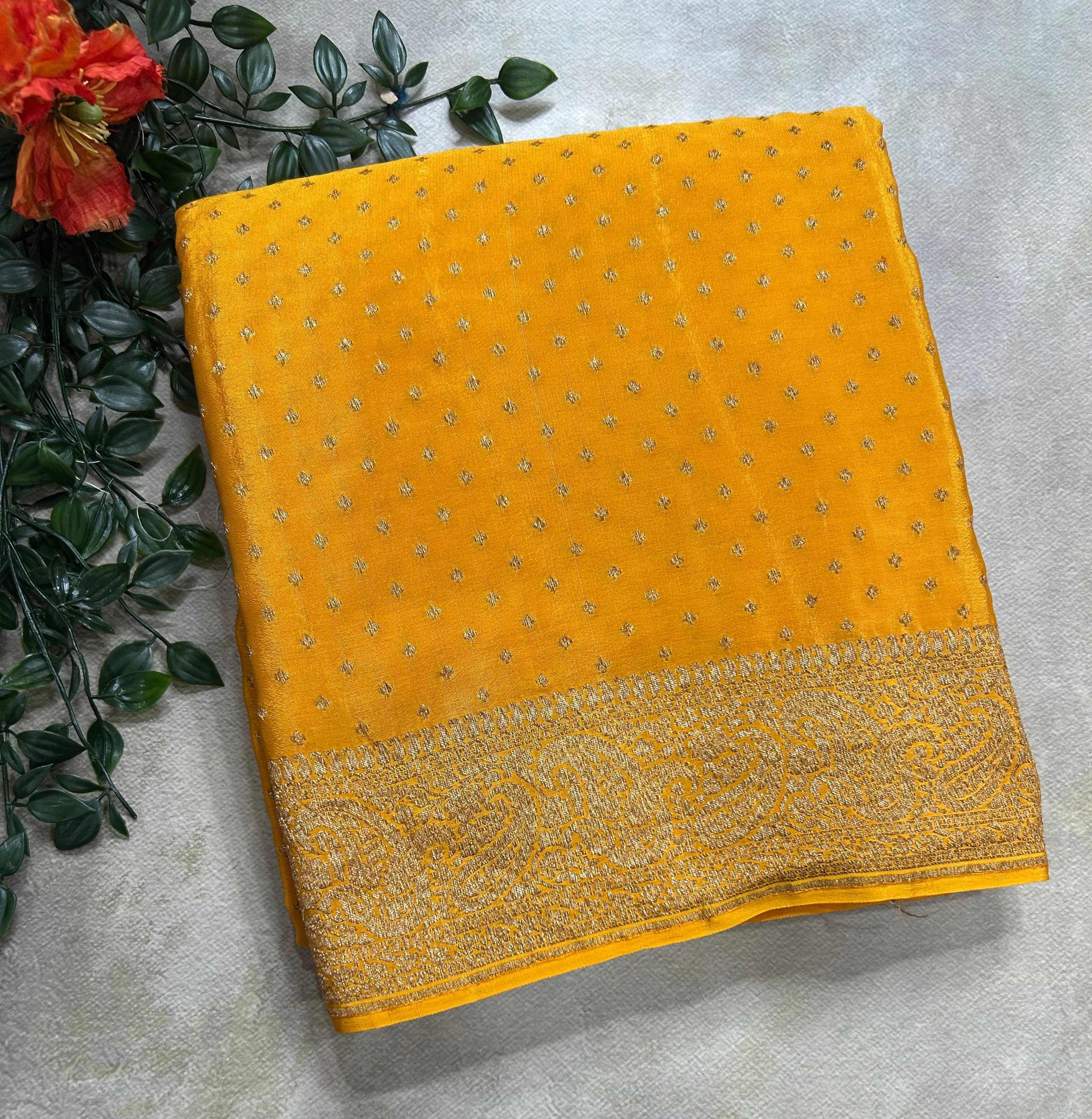 Yellow small Butta pure Benarasi crepe 106 saree