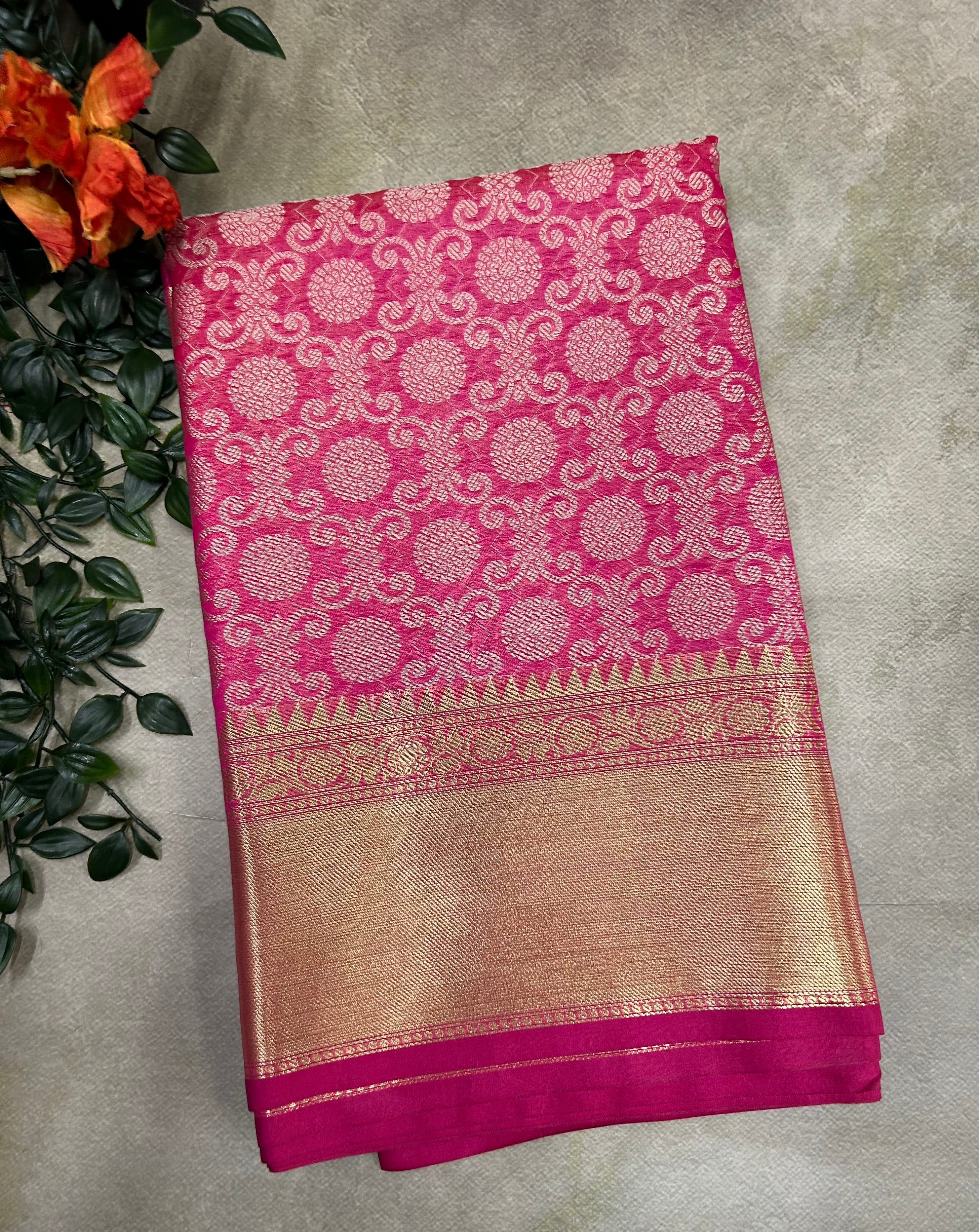 Pink brocade semi Kanchi saree