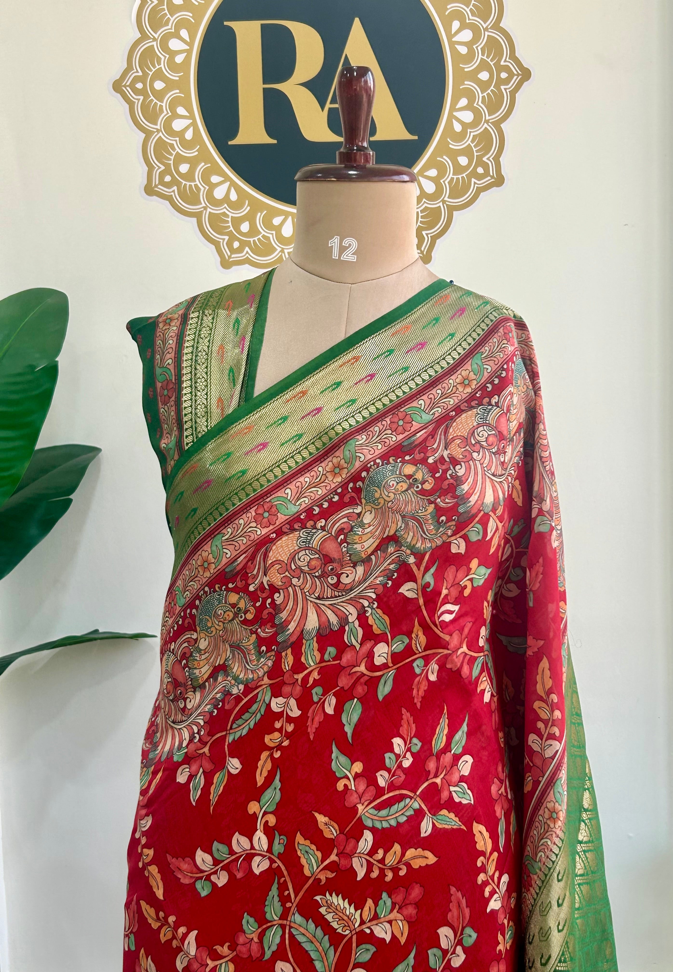 Red n green bb kalamkari Chanderi saree