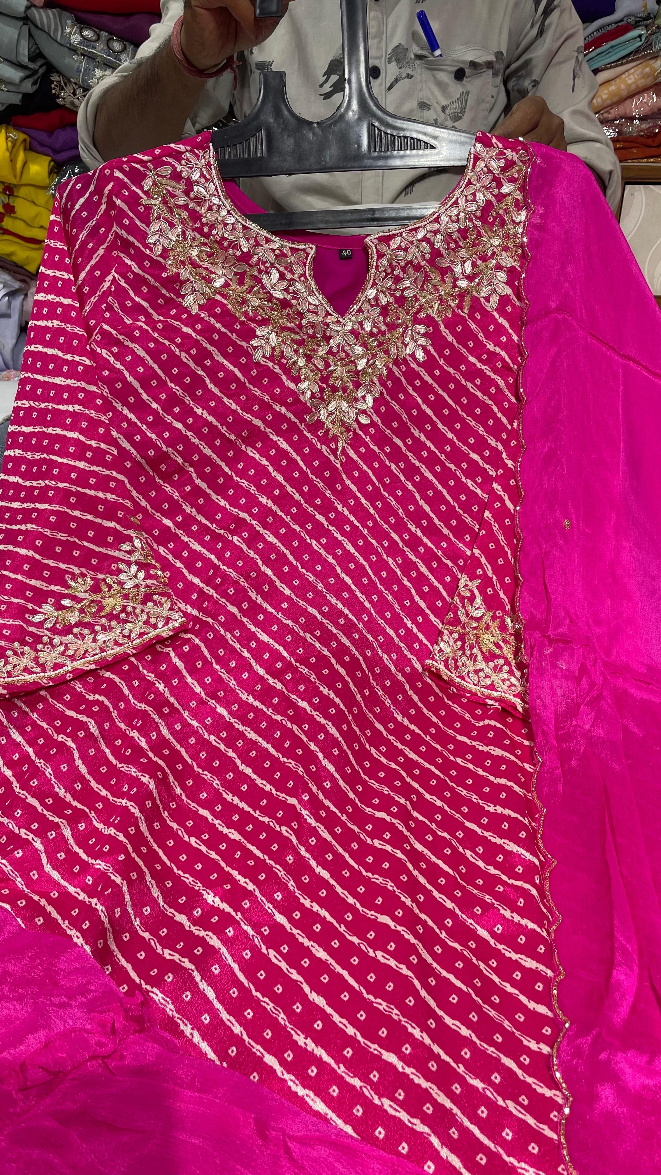 Pink leheriya weaving  bandini Designer Handwork sharara Kurtha set