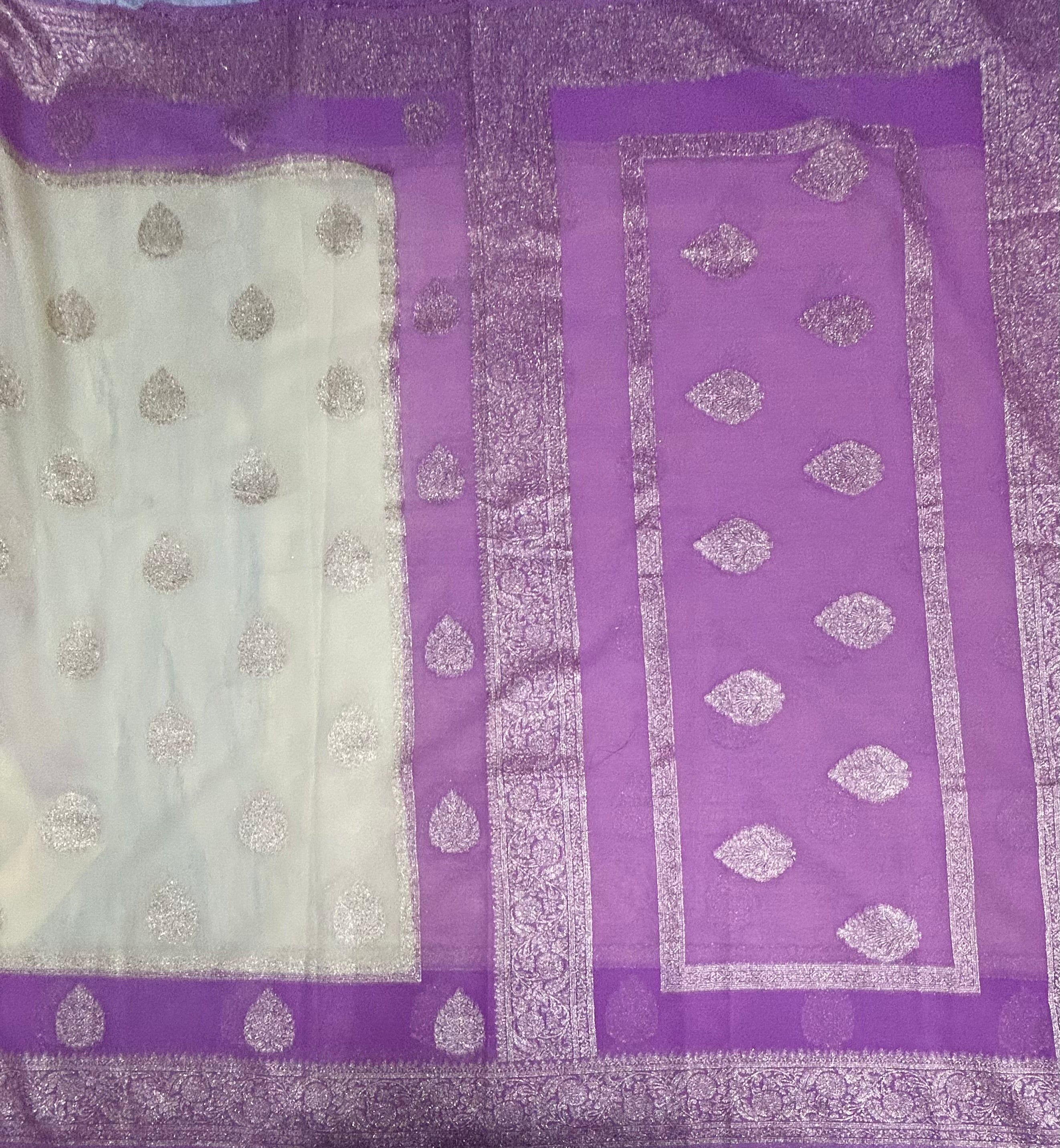 Cream m pink border Butta semi georgette saree