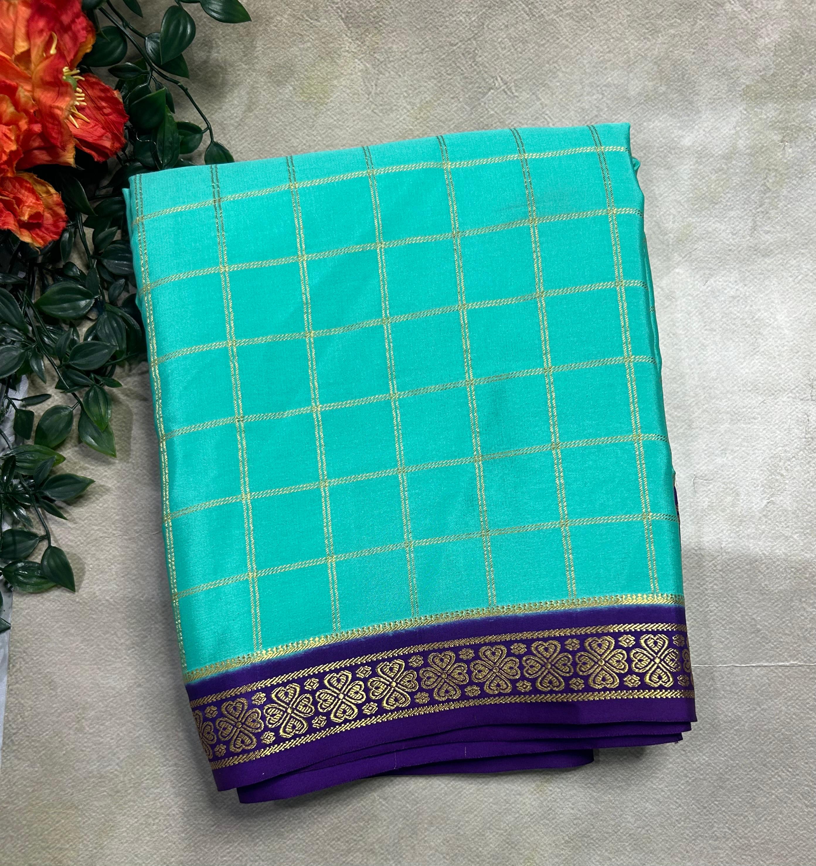 Light rama green checks pure css zari Mysore silk 105 saree