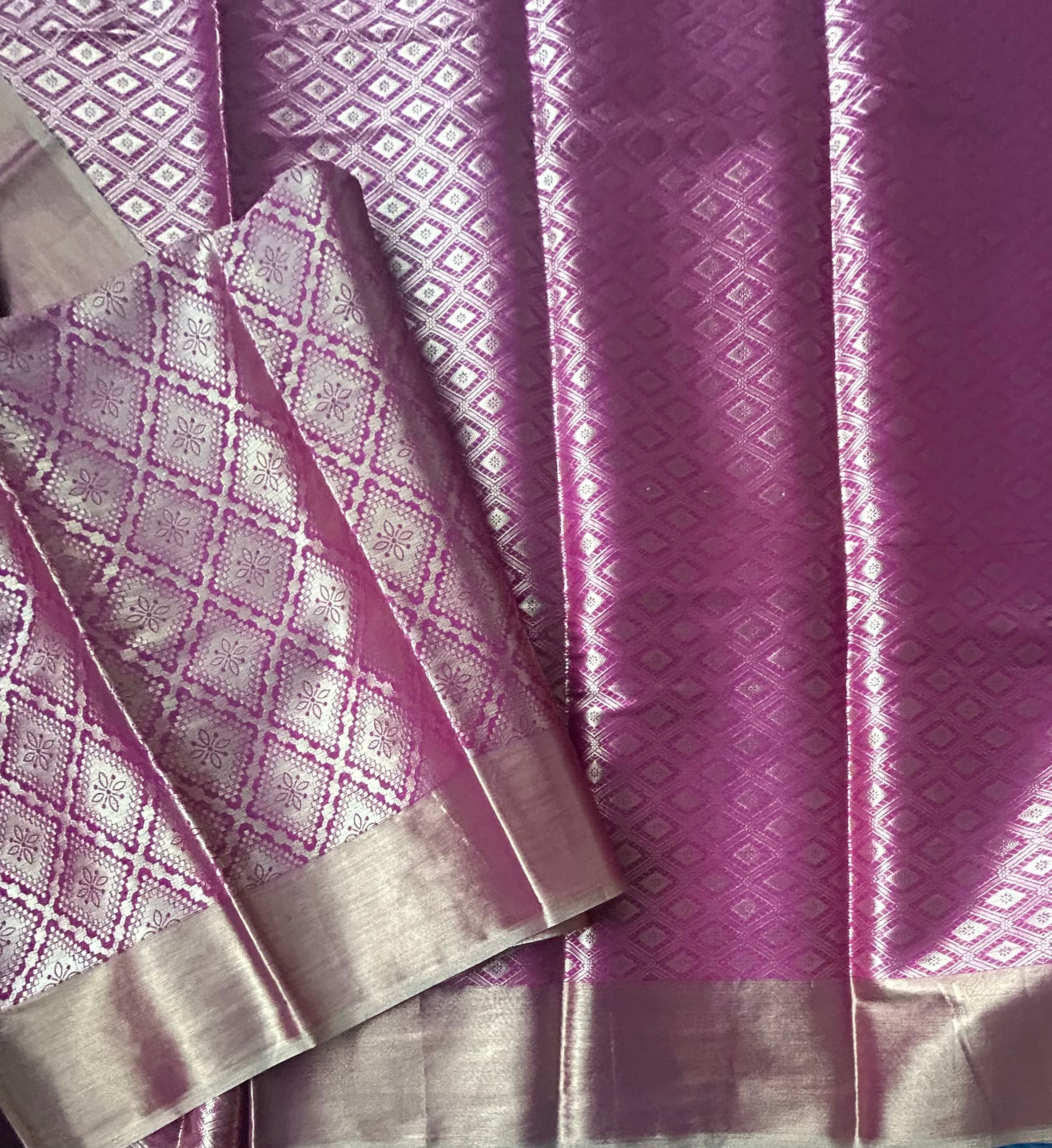 Pink checks brocade semi tissue saree