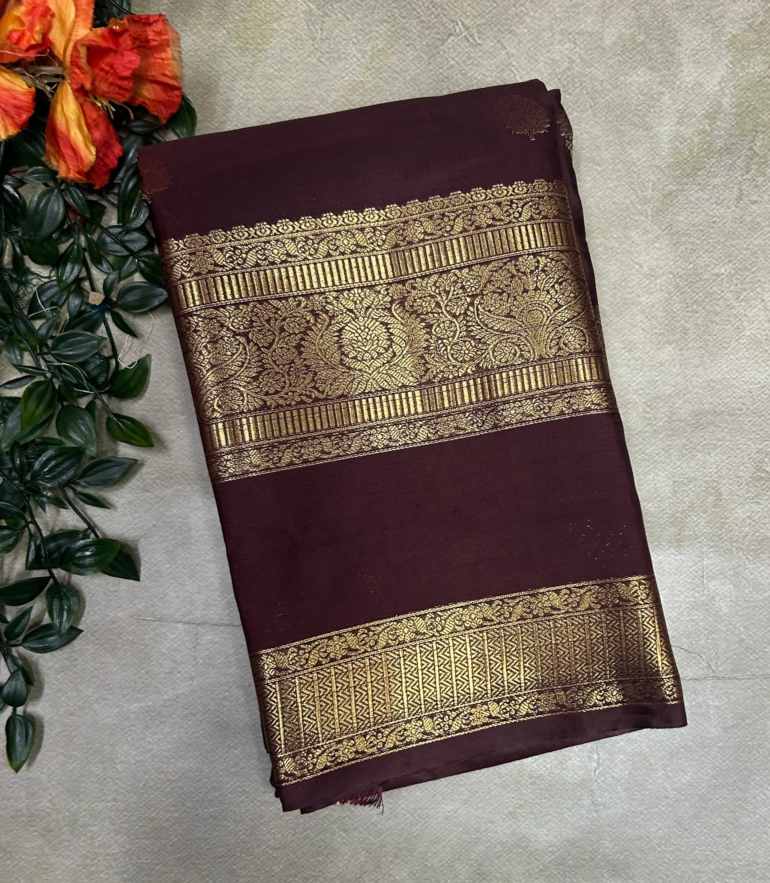Dark brown Bentex border semi Kanchi-105 saree
