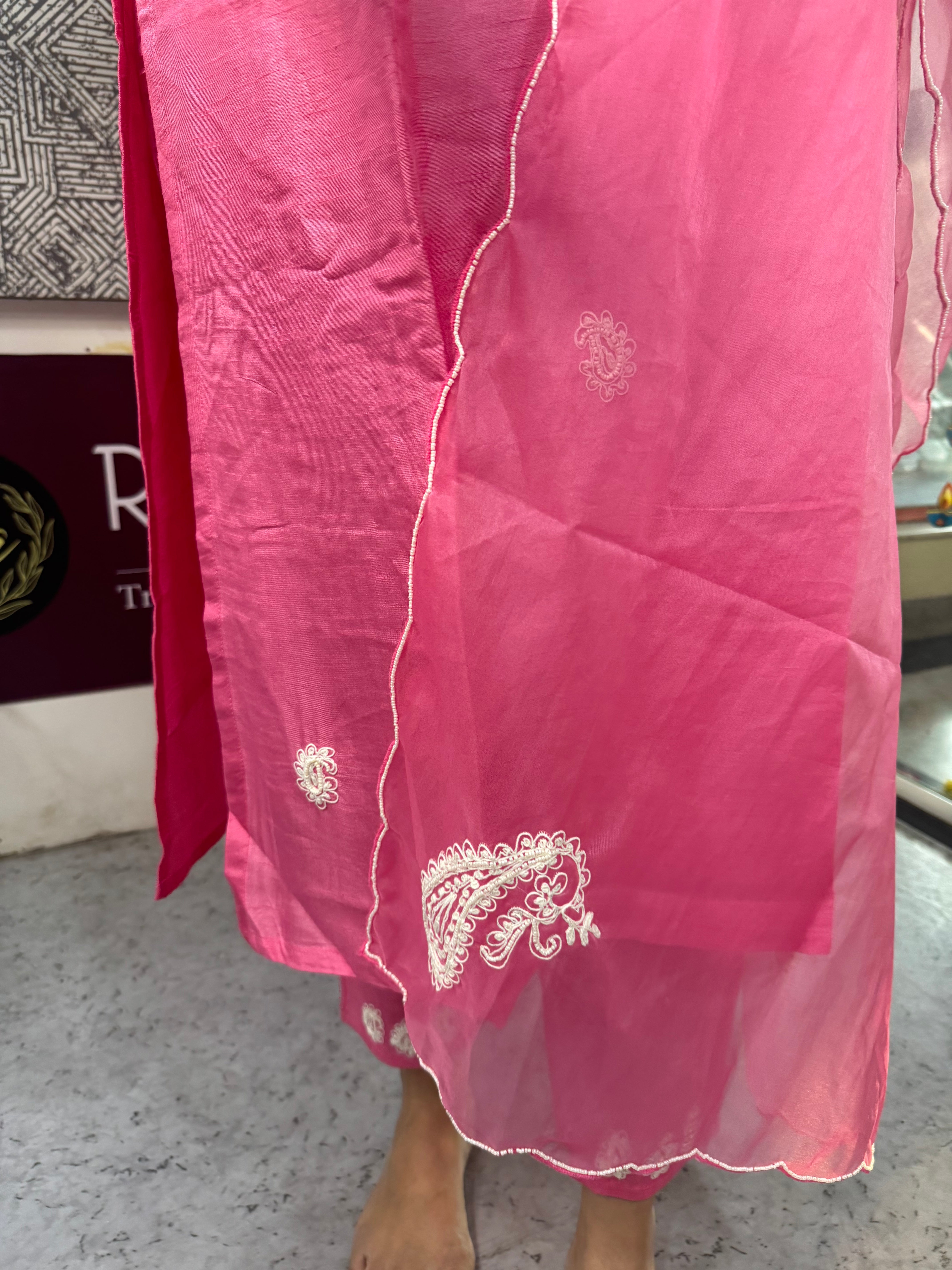 "Meera" Pink silk Kurtha suit with Pearl work