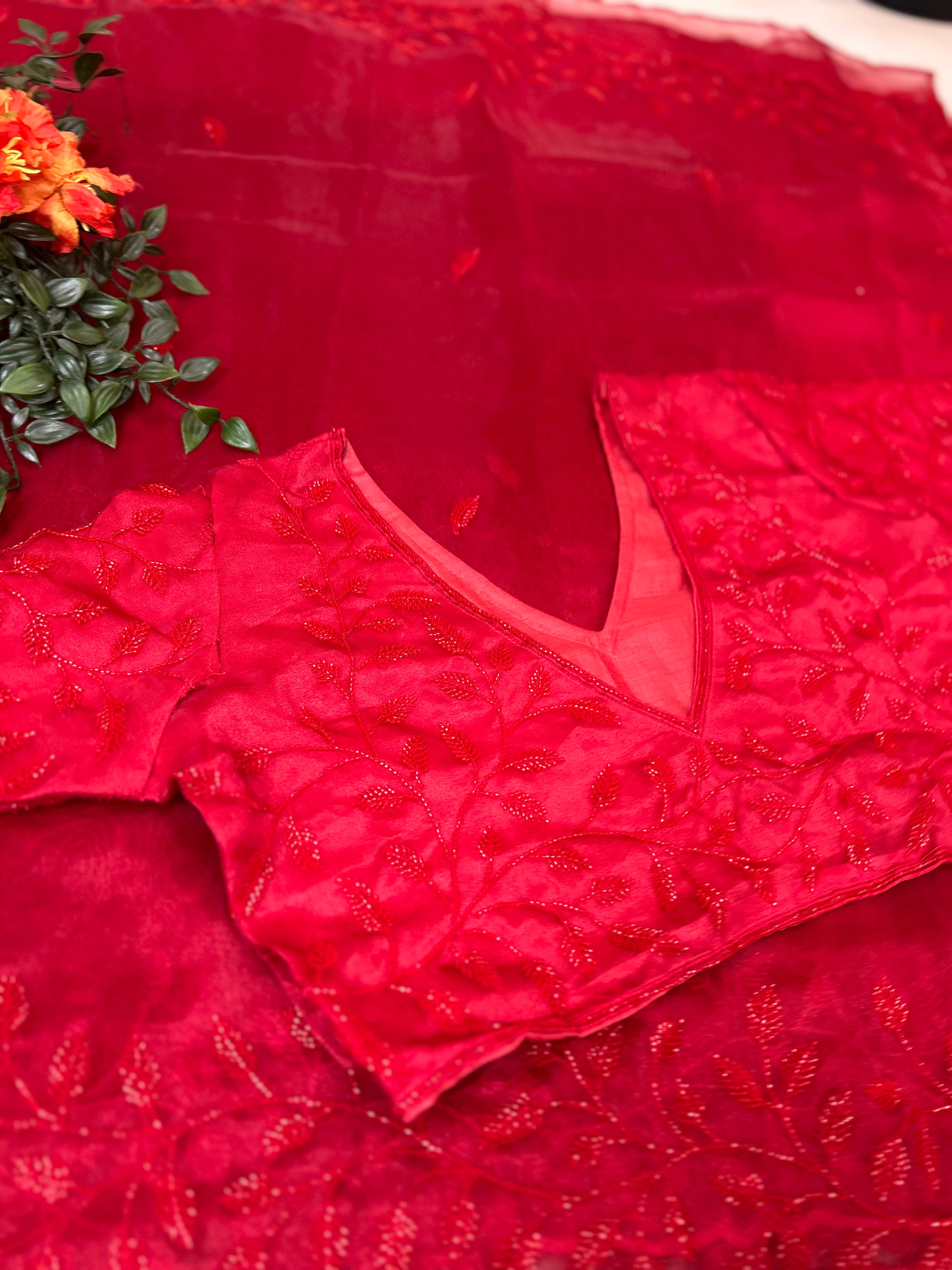 Red stone work party wear with stitched blouse-10 saree