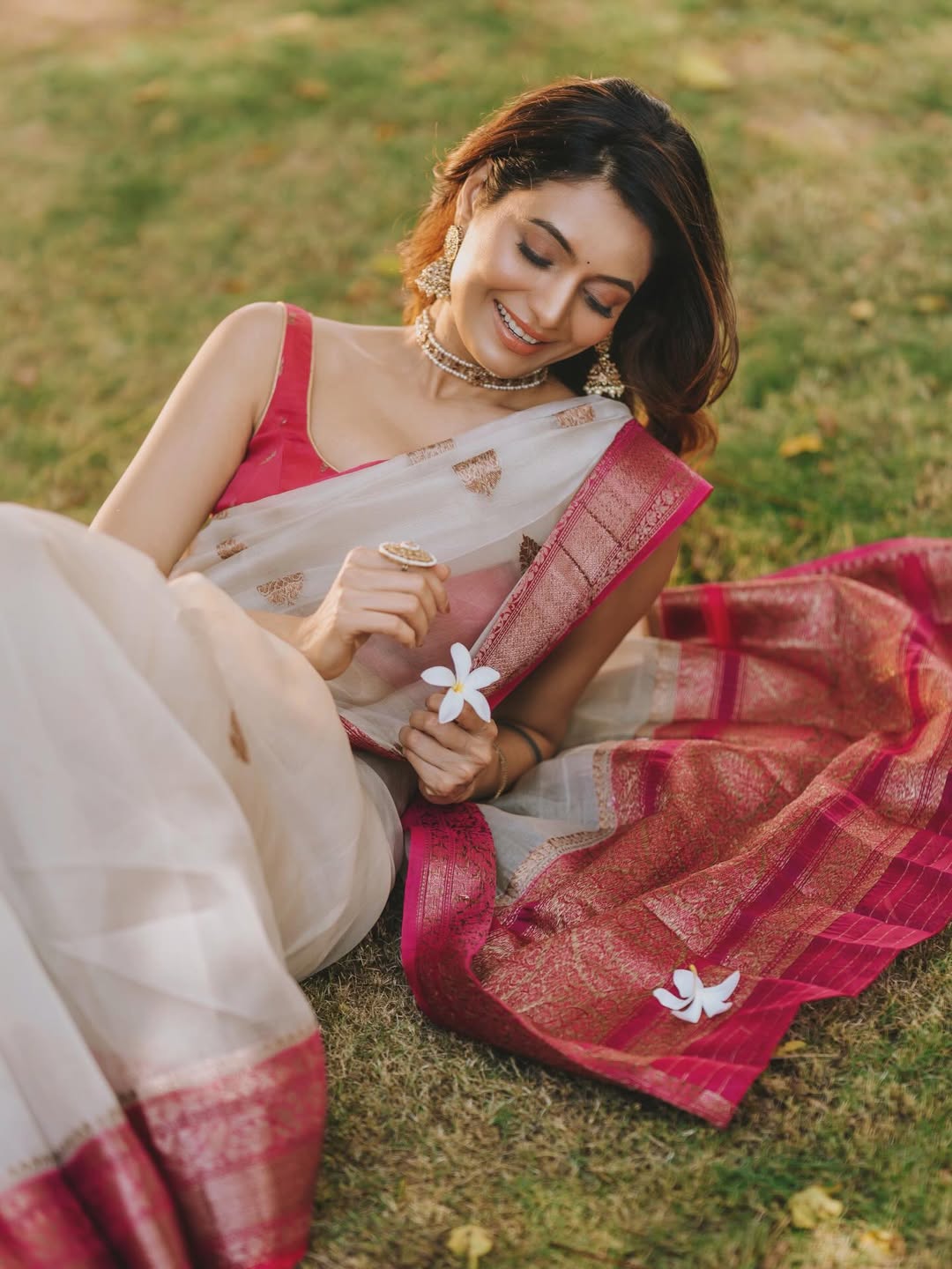 Cream n pink pure kora organza saree