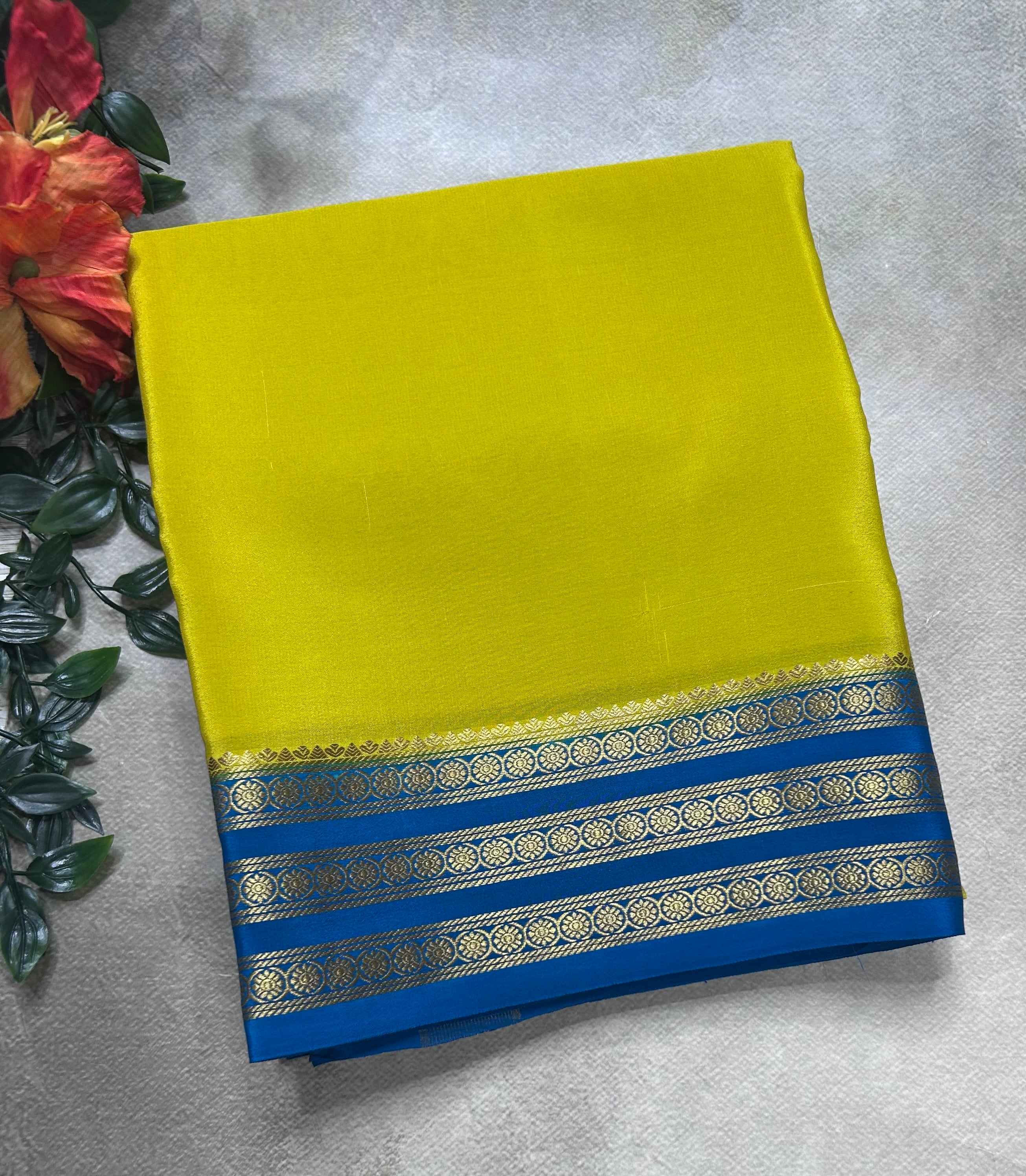 Neon yellow small border pure mysore silk saree(MSC106)