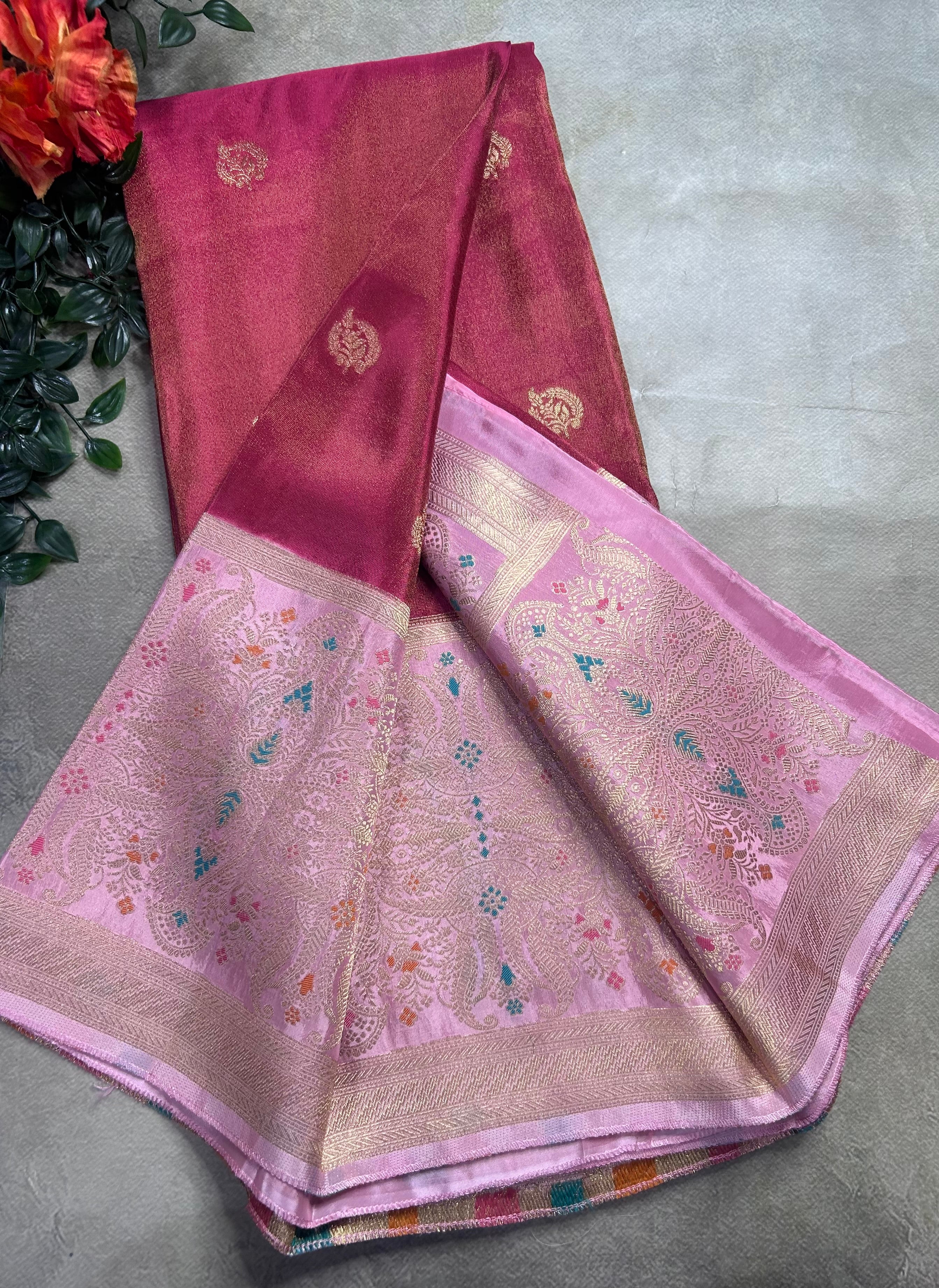 Pink contrast long border soft semi tissue crepe 106 saree