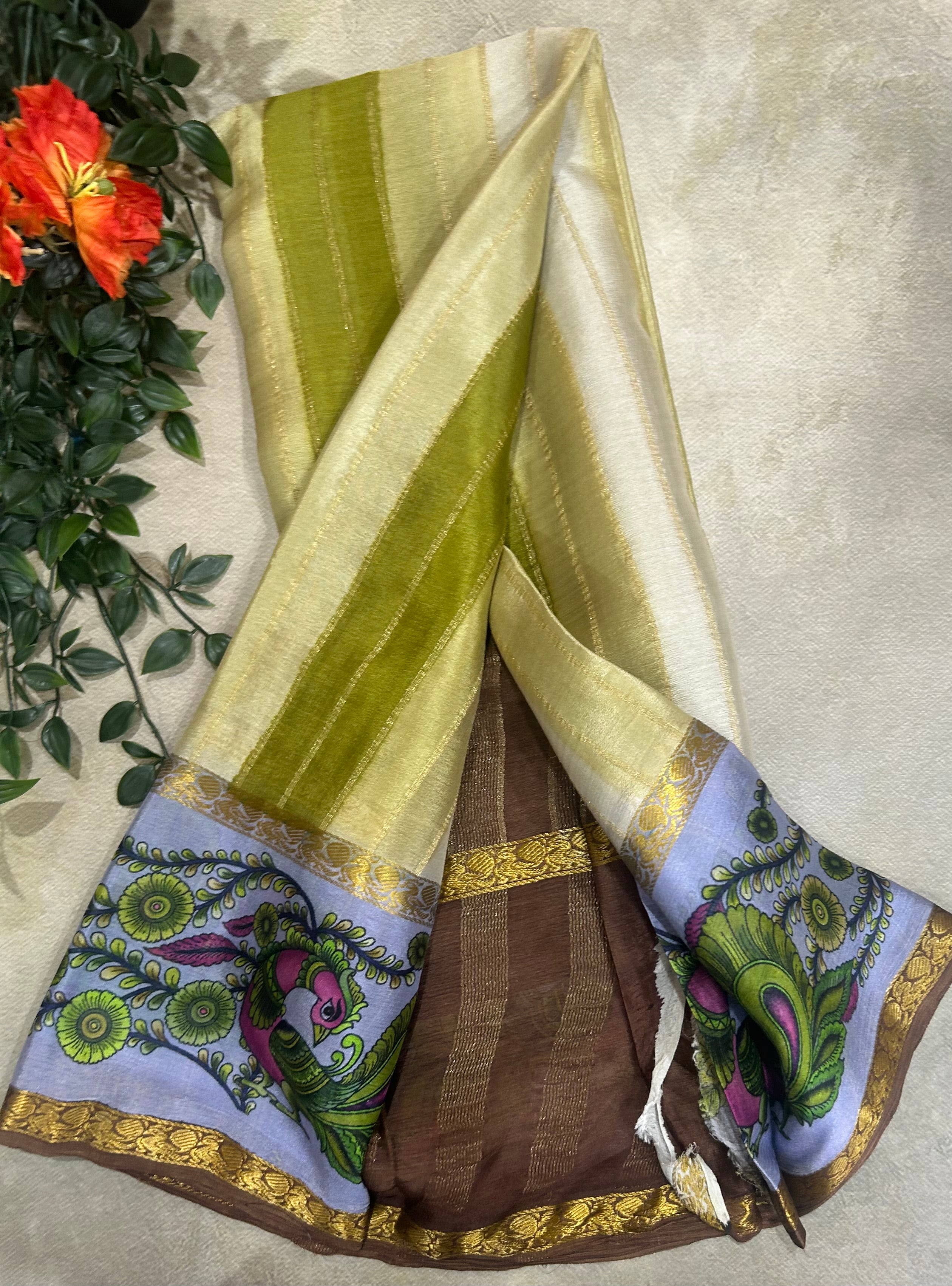 Rankart kalamkari border pure wrinkle 103 crepe silk saree