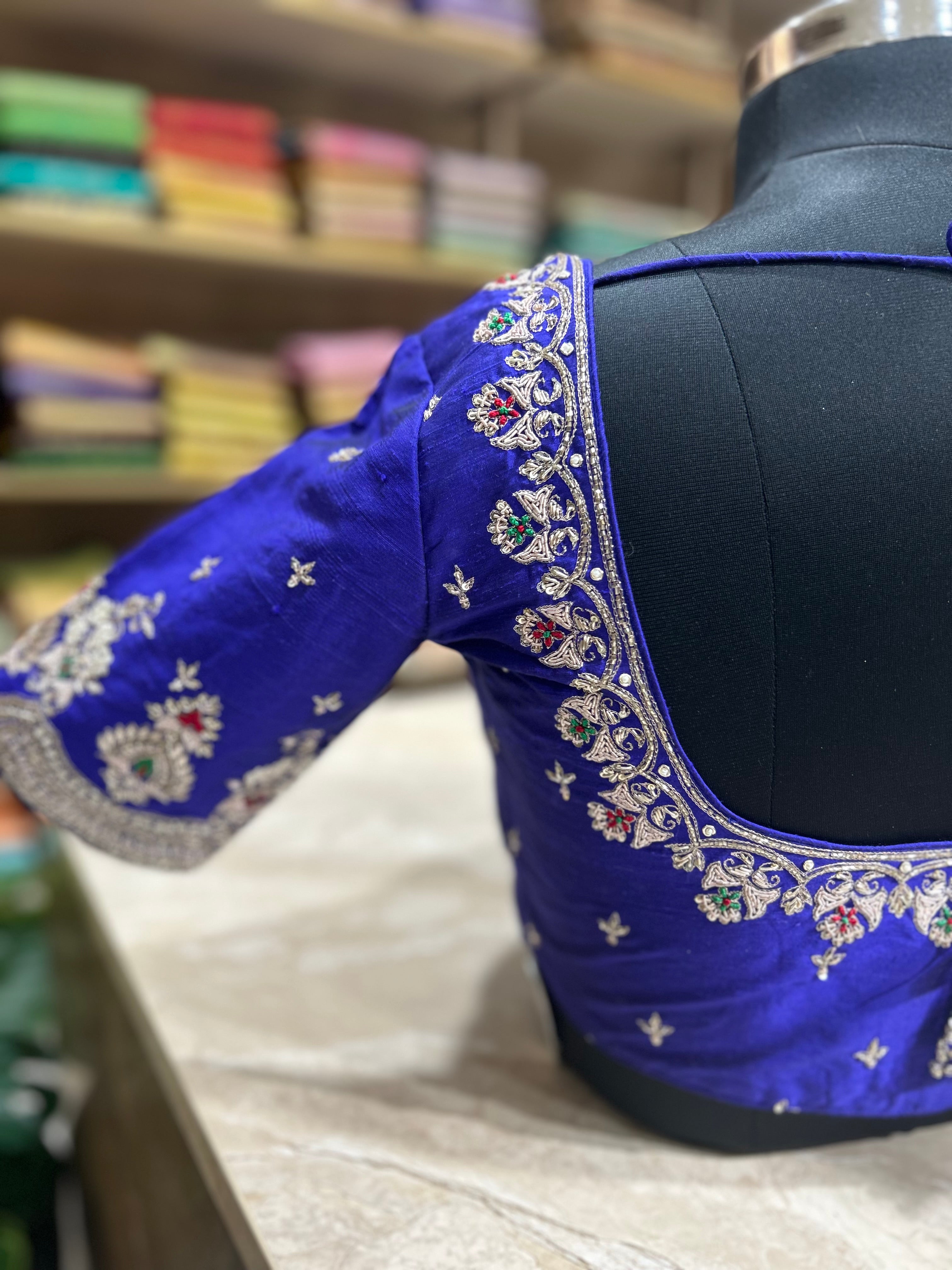 Royal blue scallop handwork blouse