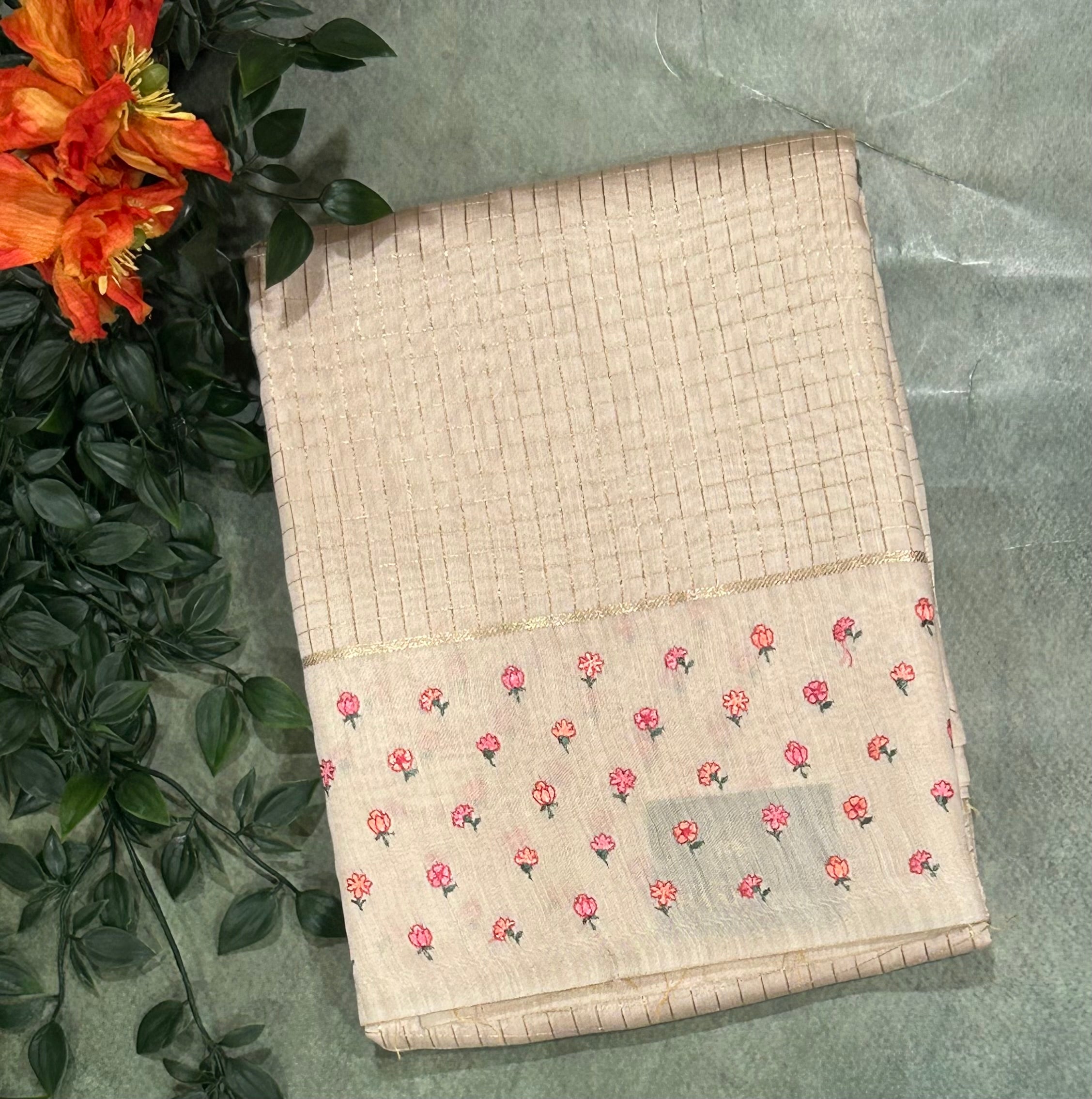 Beige checks embrodiery butta border soft tussar crepe 104 saree