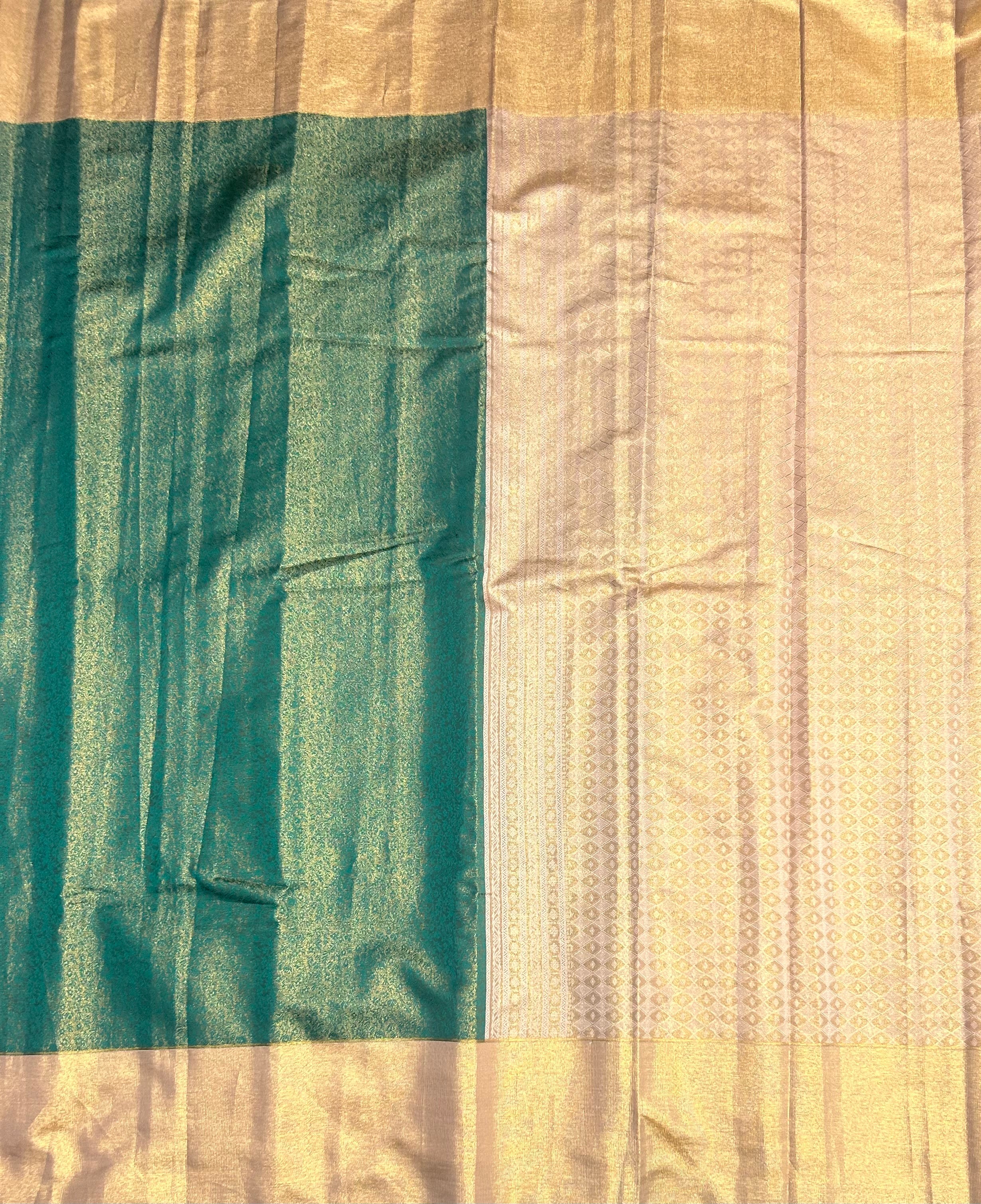 Green brocade small border semi tissue saree