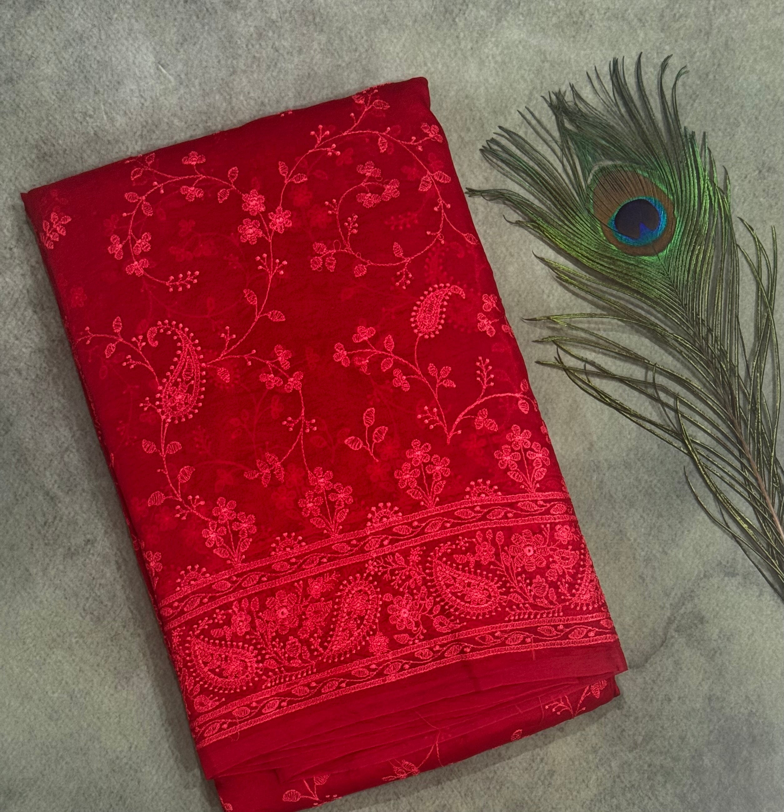 Red chikankari work pure organza 102 saree