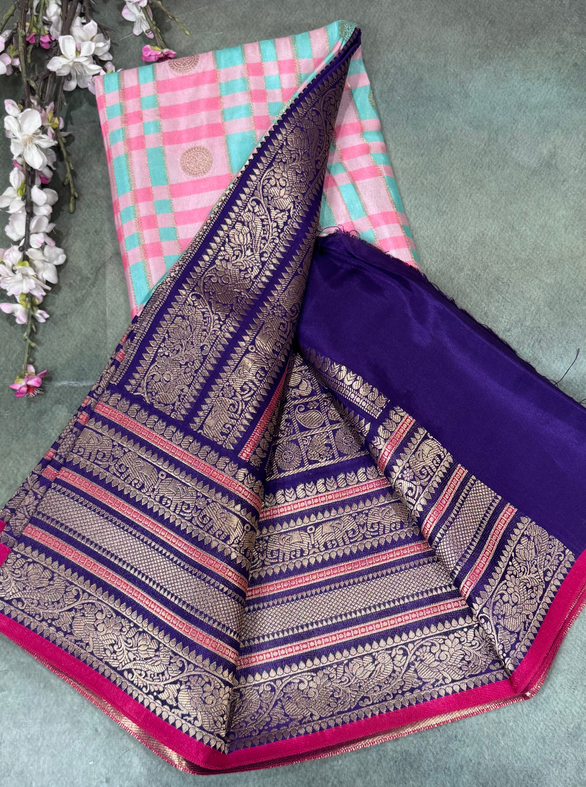Pastel Pink Checks Semi Crepe Saree 110
