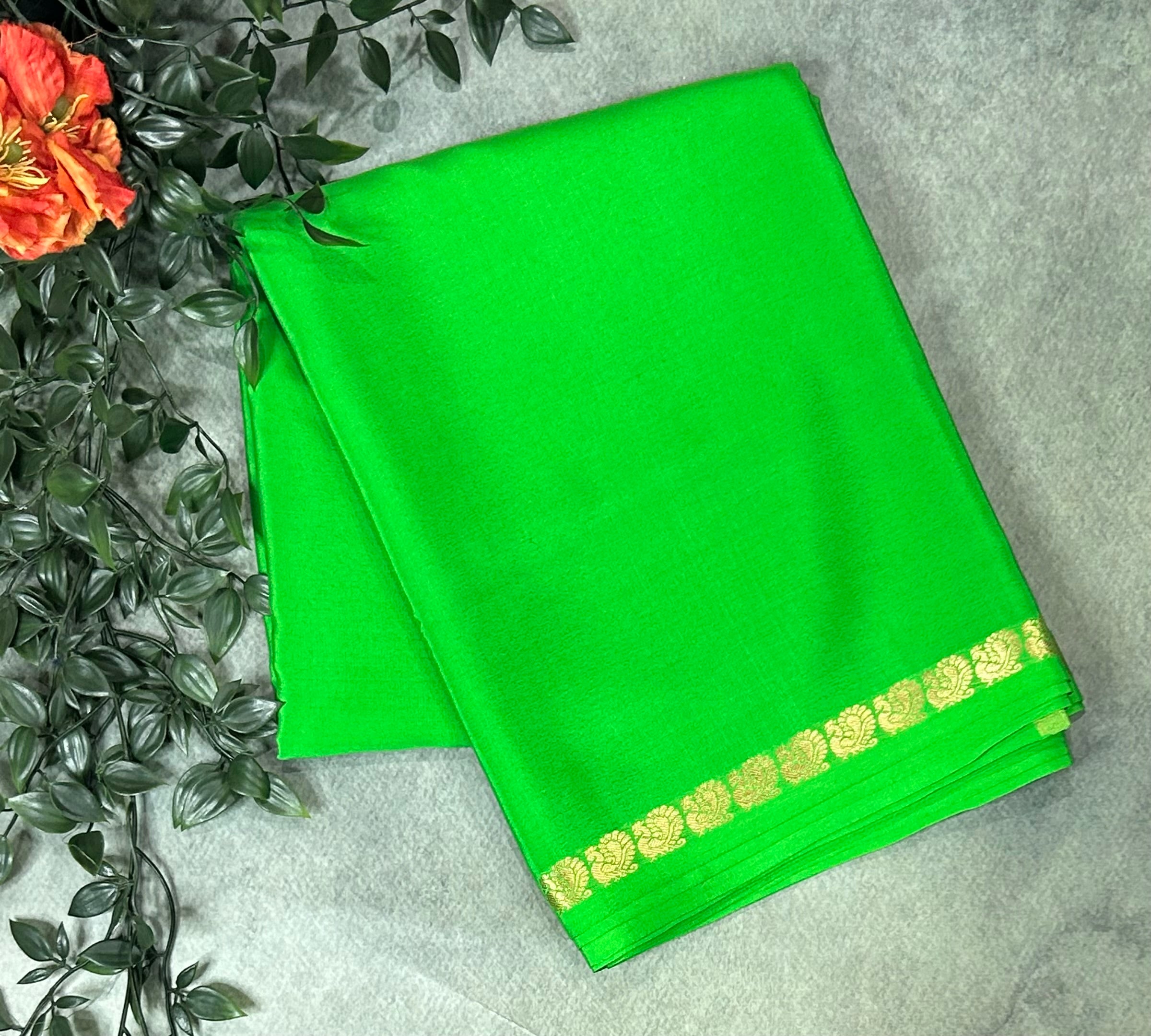 Parrot green-2 plain one inch pure mysore silk-12 saree