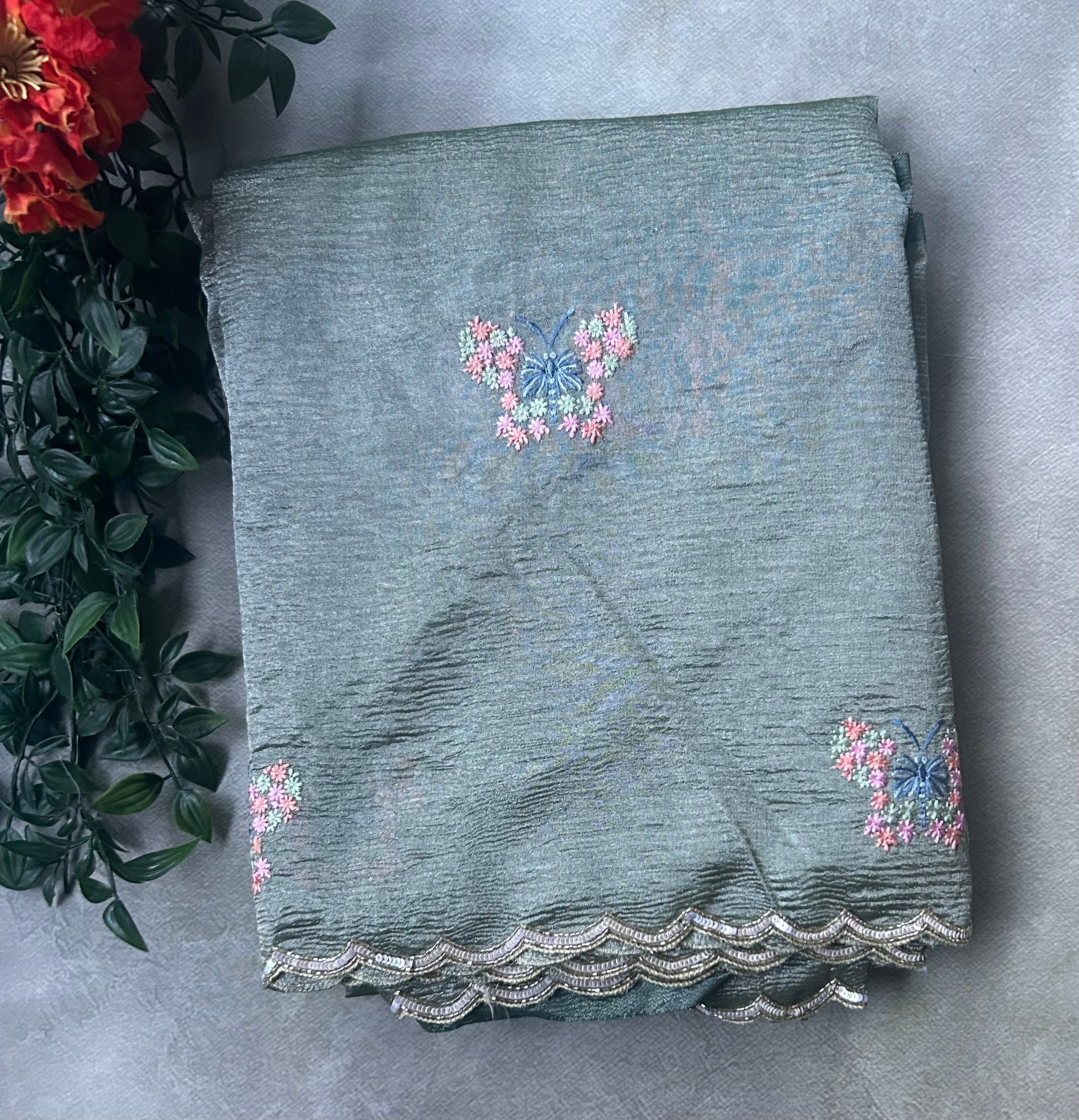 Pastel green stone work border party wear saree