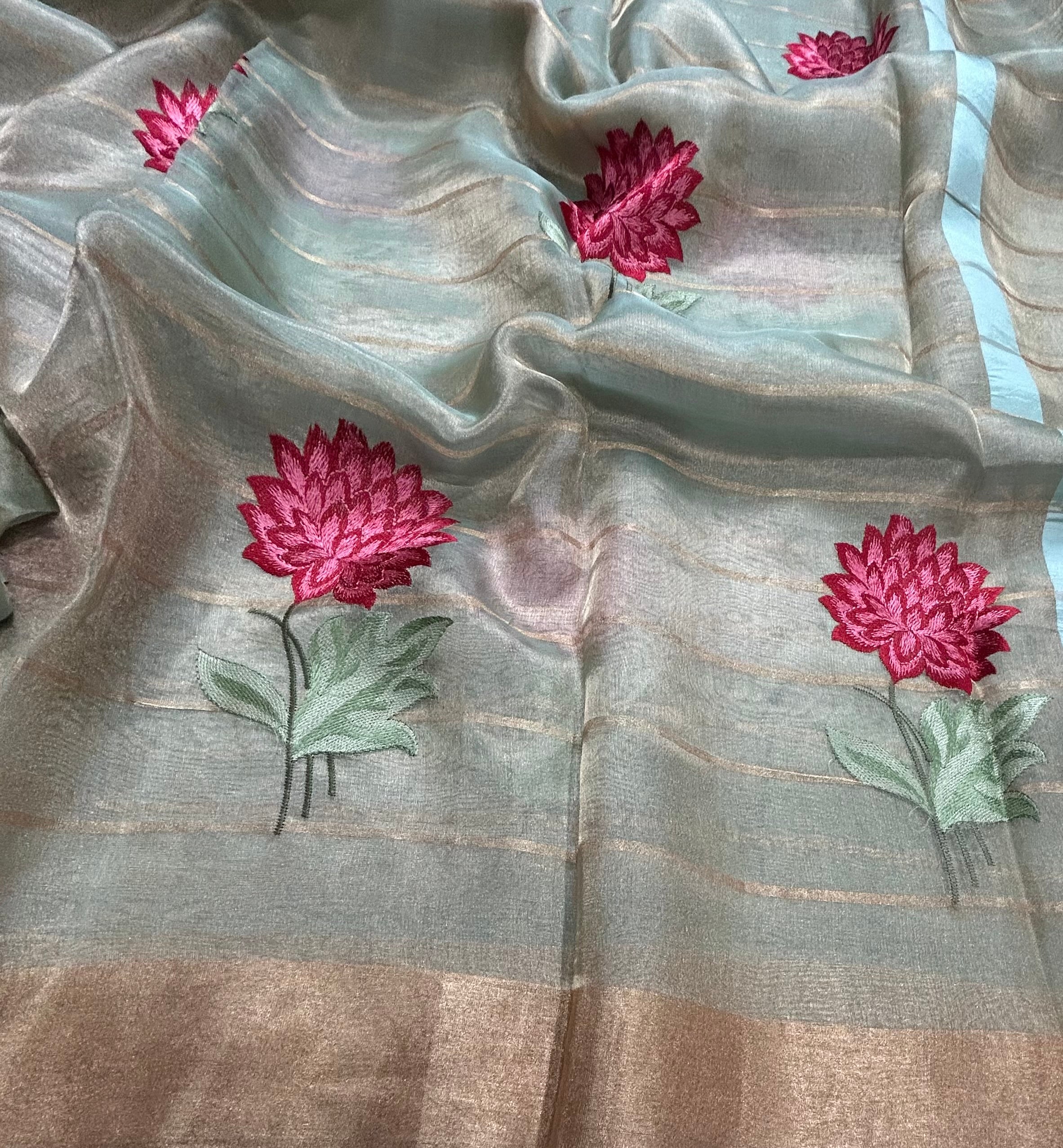 Aqua green floral embroidery work pure tissue organza 105 saree