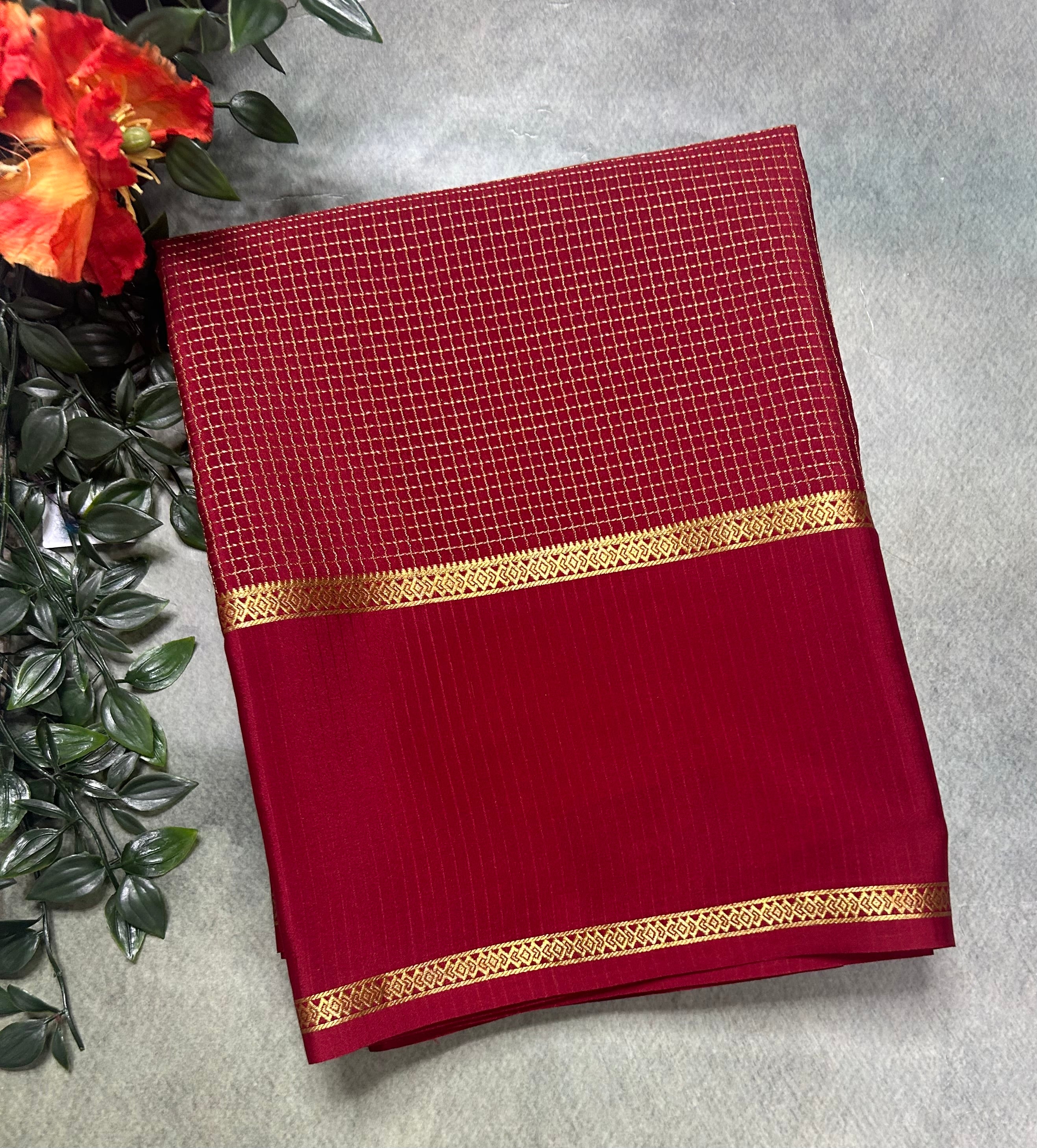 Maroon small checks n bentex border pure Mysore silk 105 saree