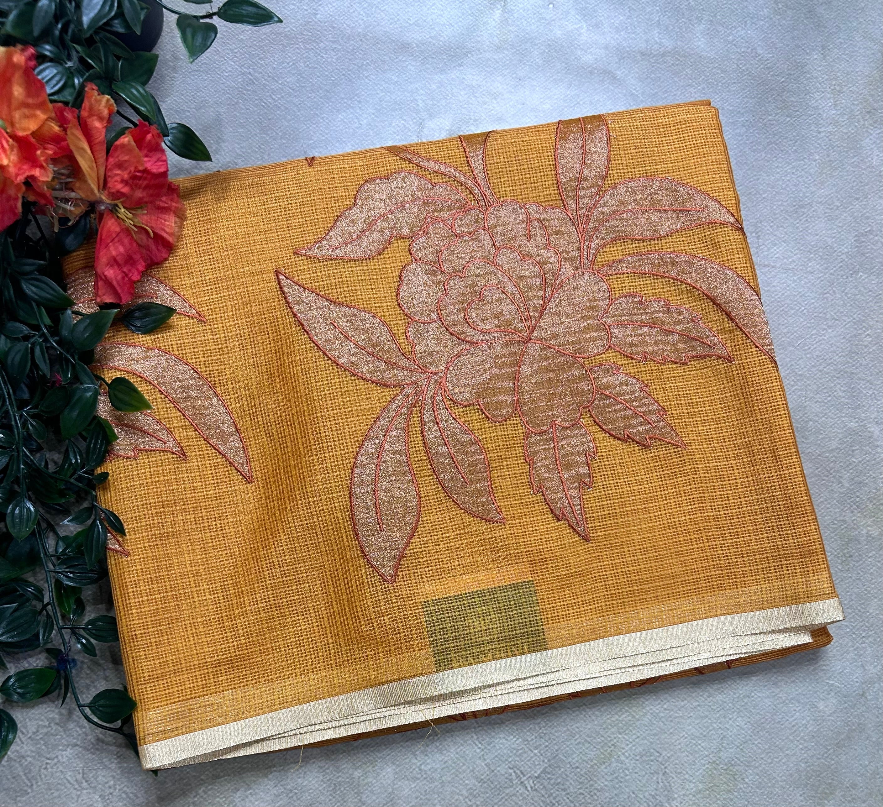 Yellow kota checks appliqué work 106 saree