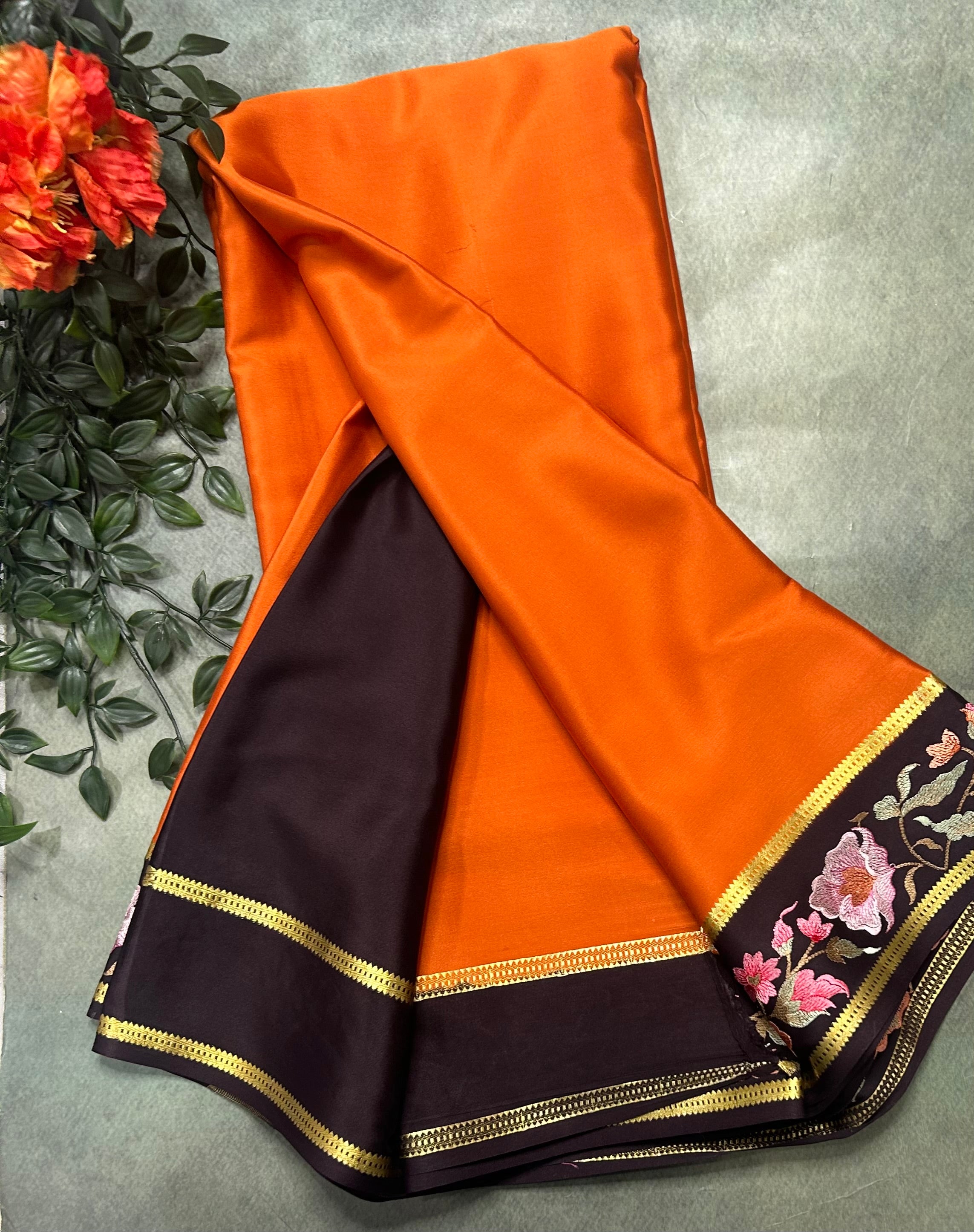 Rust orange embroidery border contrast pure mysore silk saree EMS107