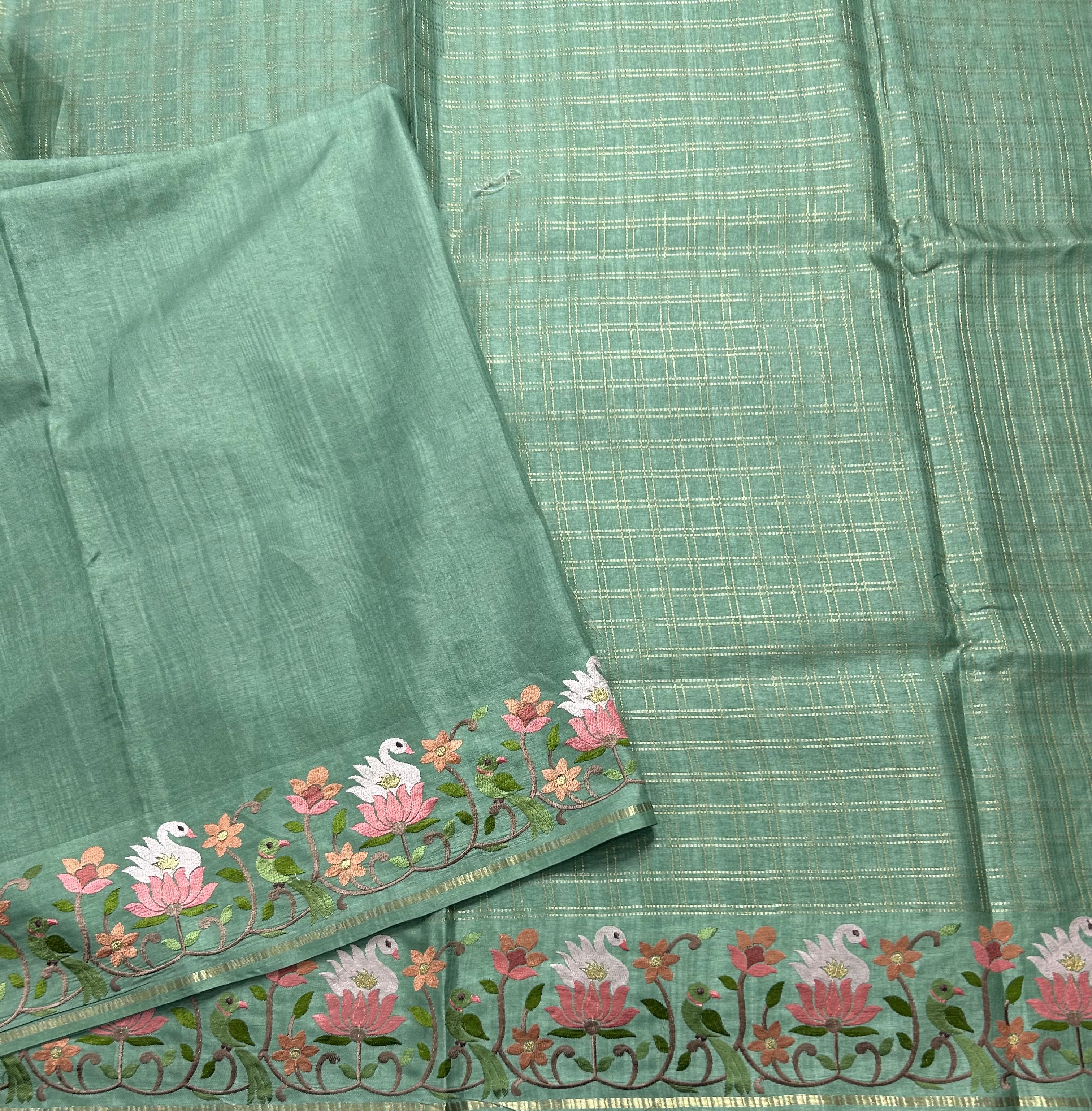 Sea green checks embroidery border semi Tussar 105 saree