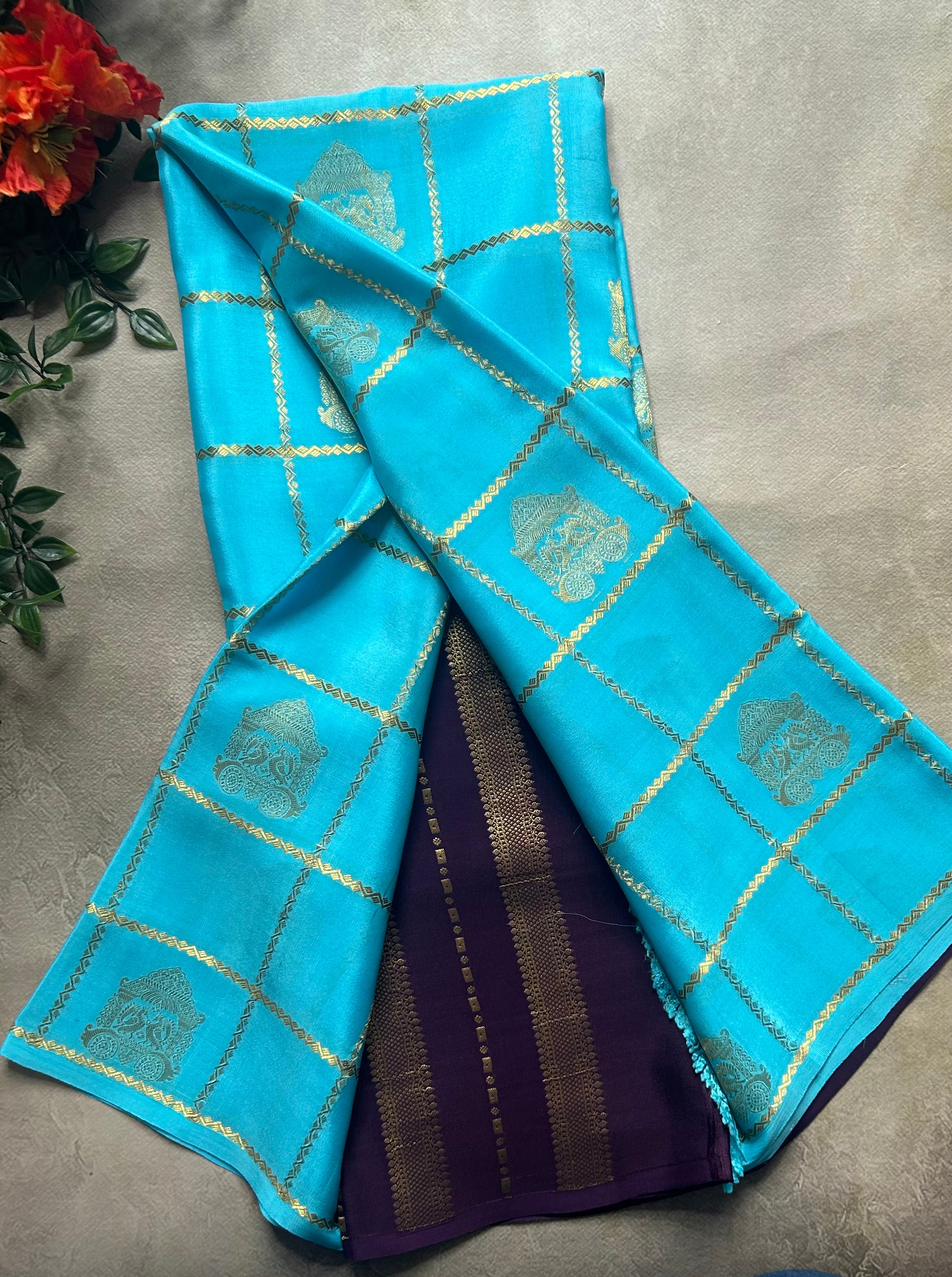 Sky blue contrast checks borderless pure mysore silk-102 saree