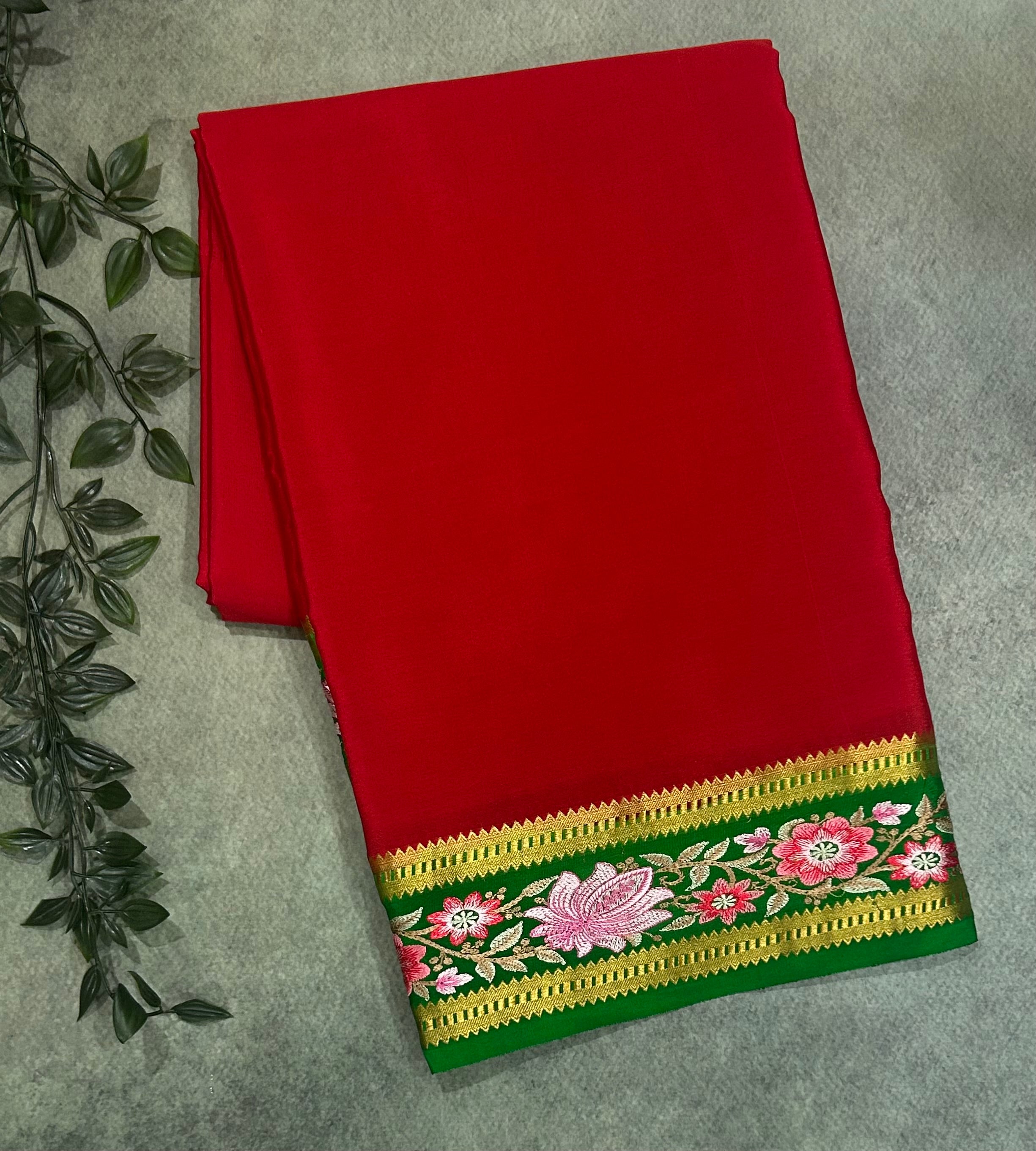 Red n green embroidered pure mysore crepe-12 silk saree