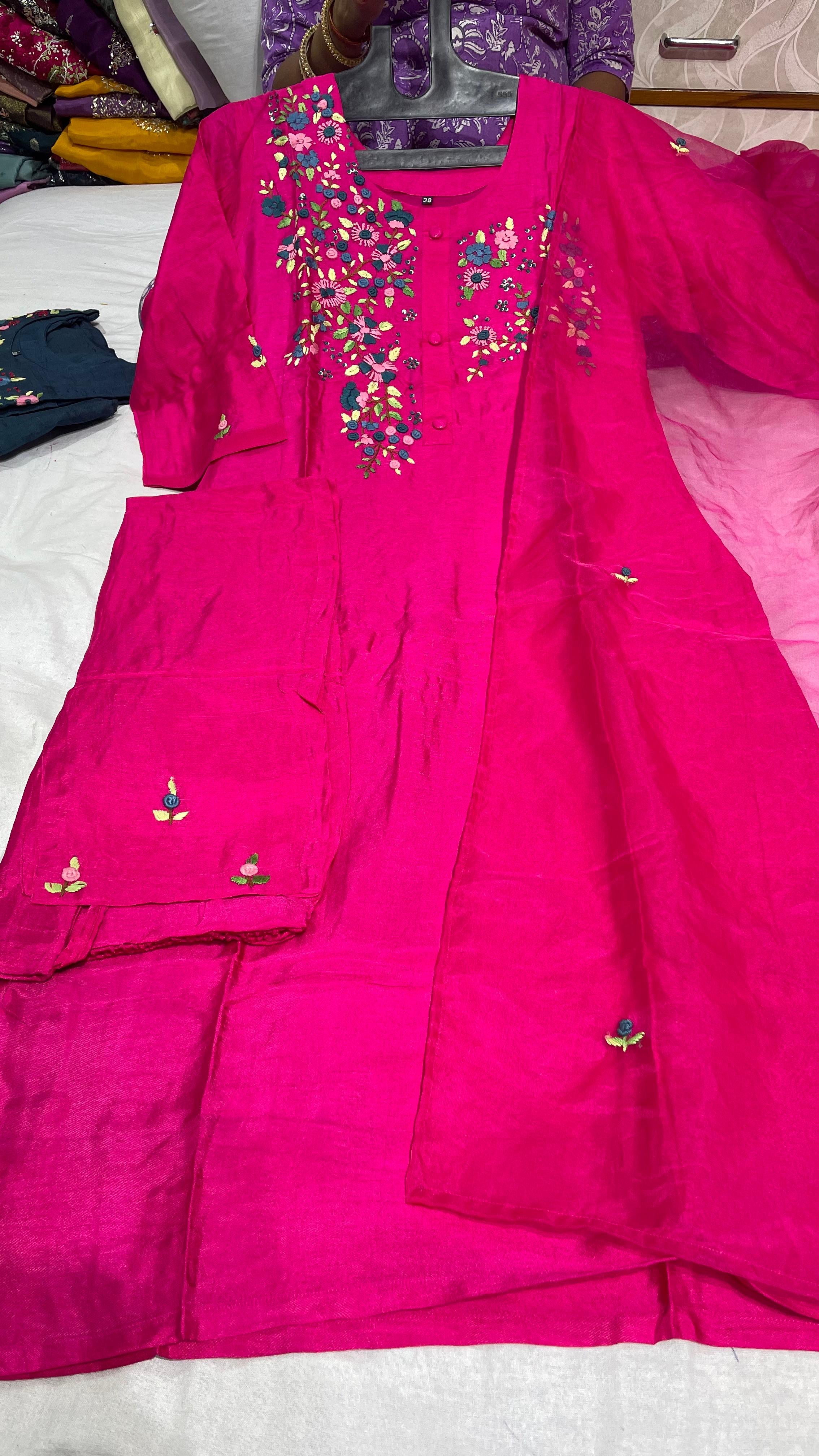 Pink thread work Designer Handwork kurtha